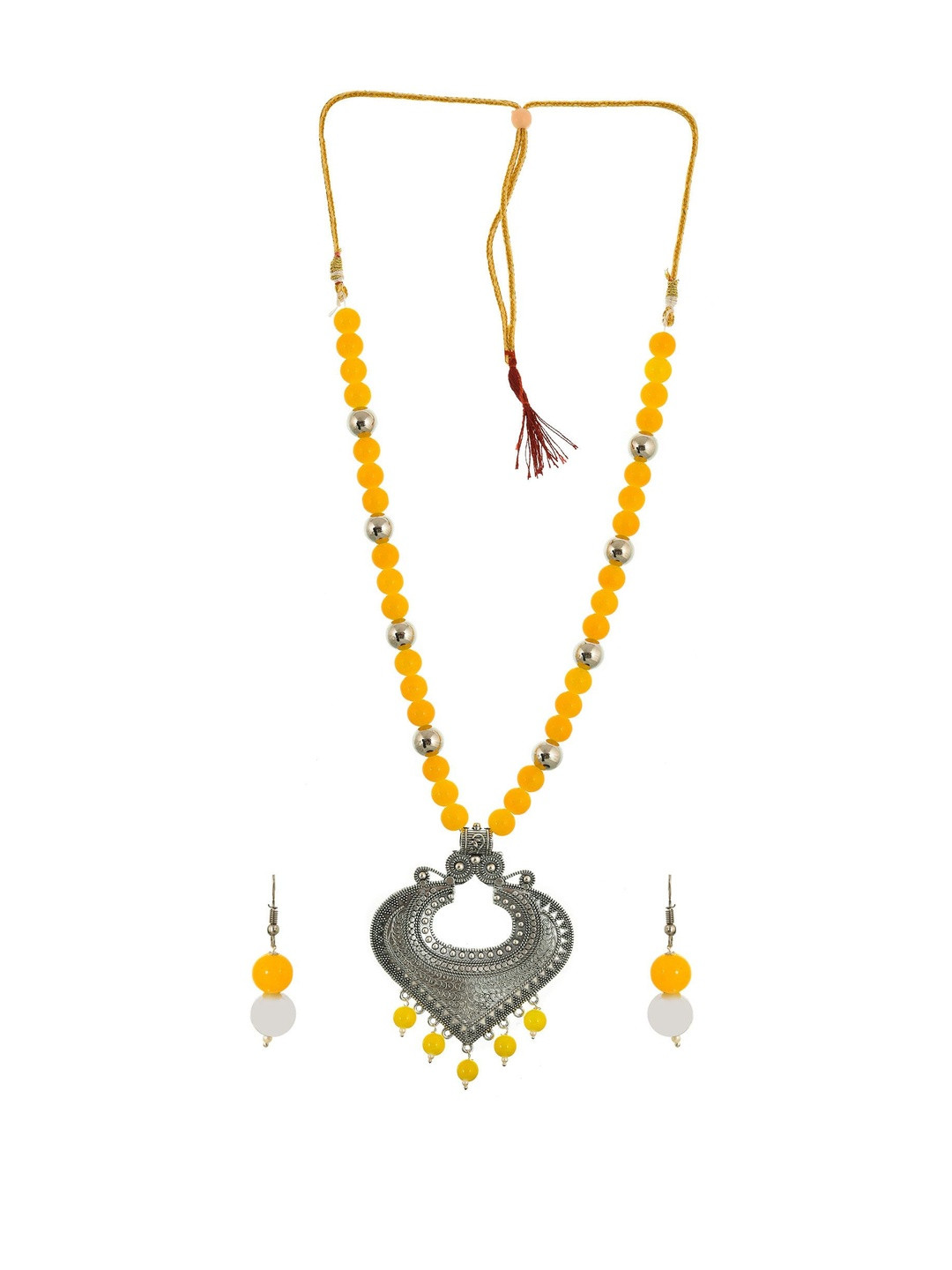 Sangria Women Yellow & Silver Alloy Artificial Brads Jewellery set