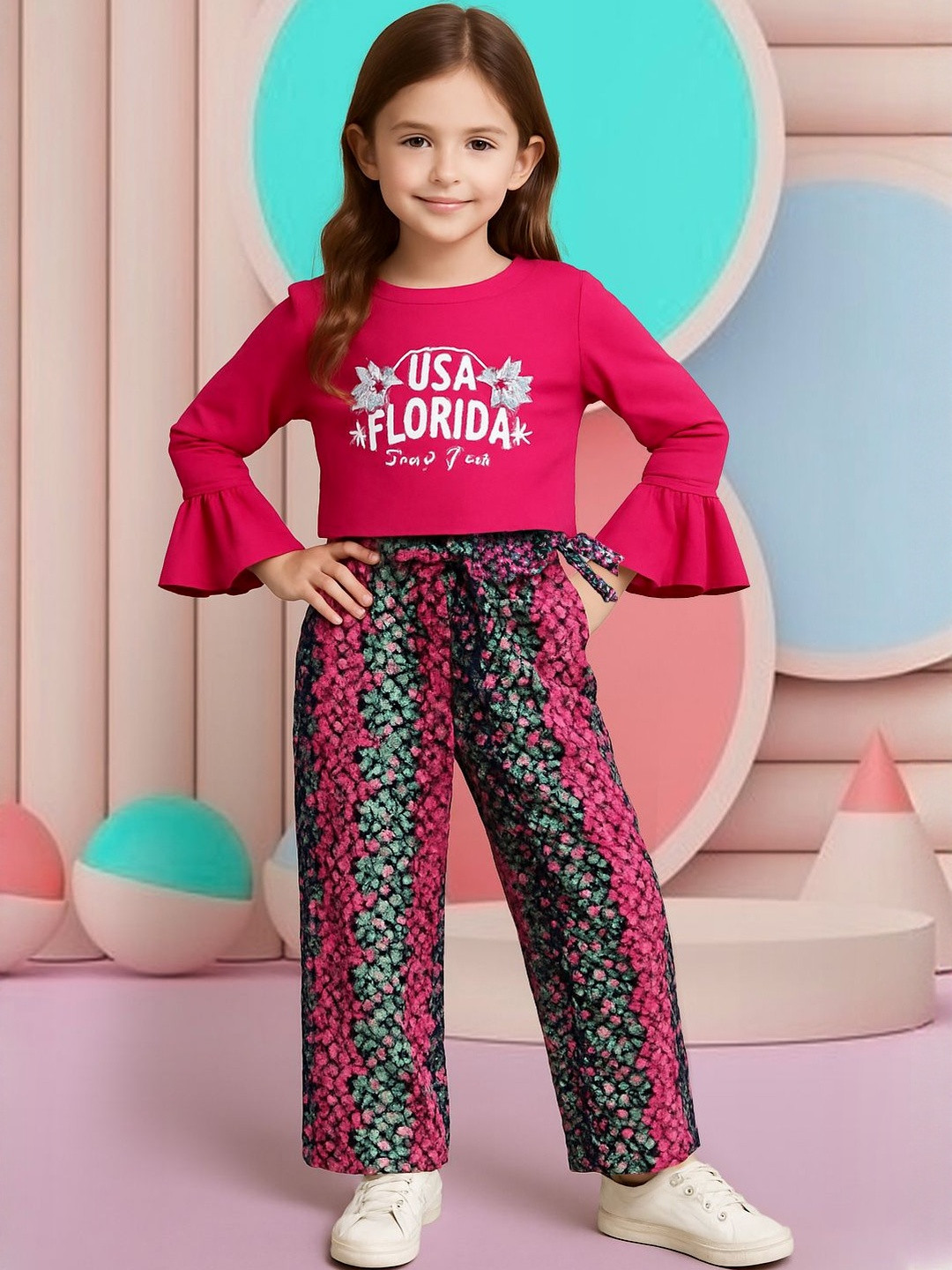YK Girls Full Sleeves Printed Flared Sleeves Top & Tie-Up Waist Trousers