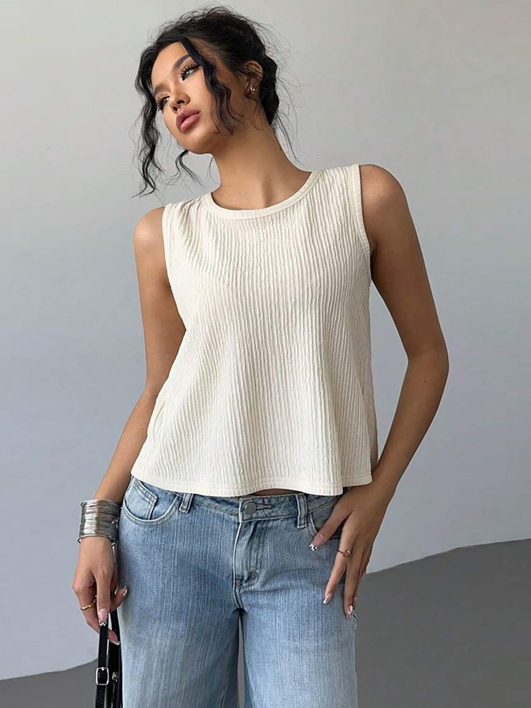 StyleCast Women Vertical Stripes Bow Detail Round Neck Top