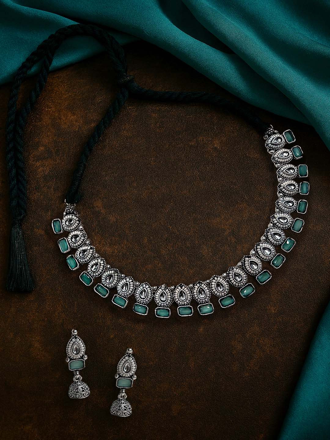 Kalakrith Milano Stones Studded Oxidised Choker Necklace & Earrings