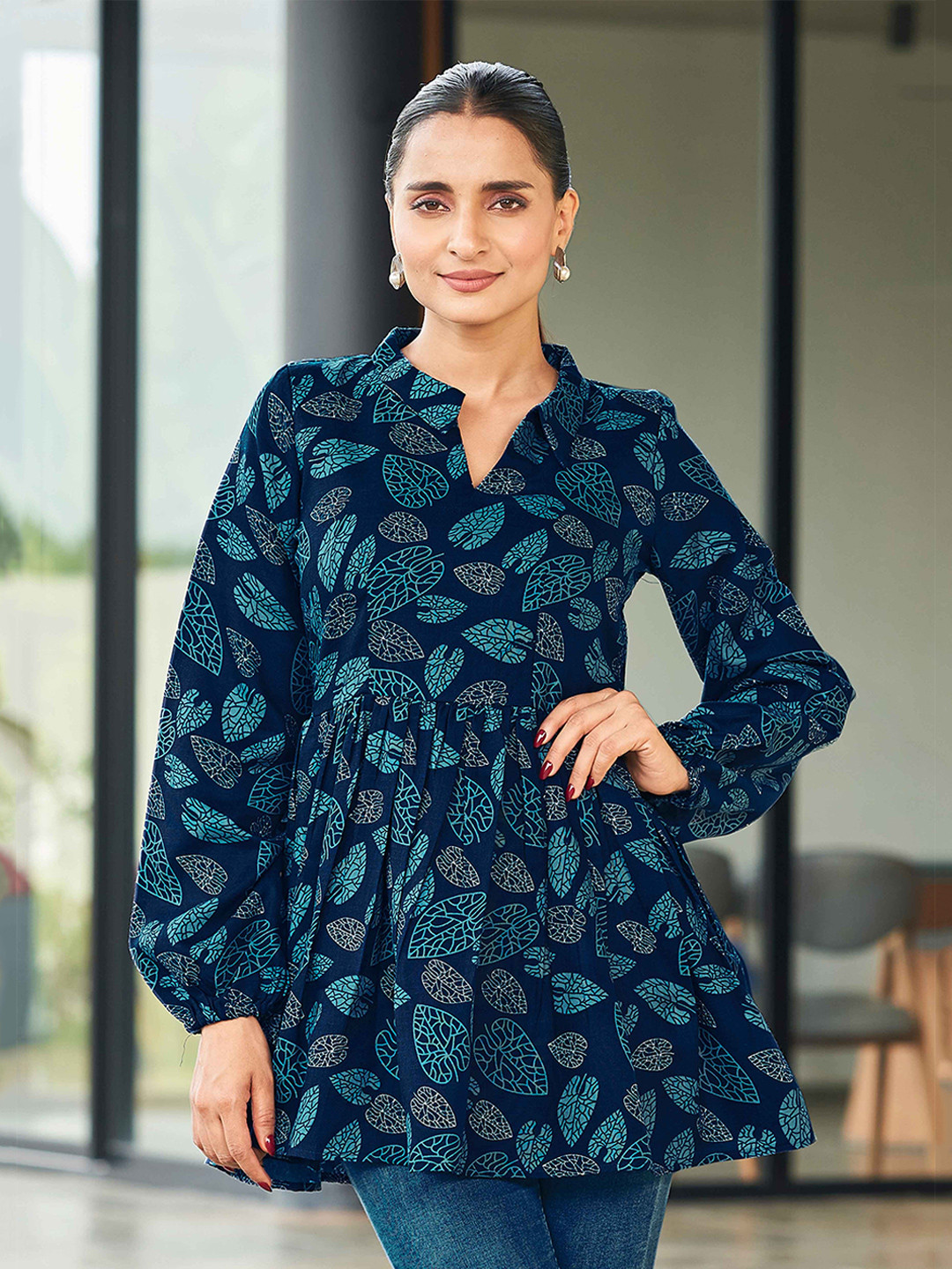 CHANSI Women Mandarin Collar Cotton Printed Tunic