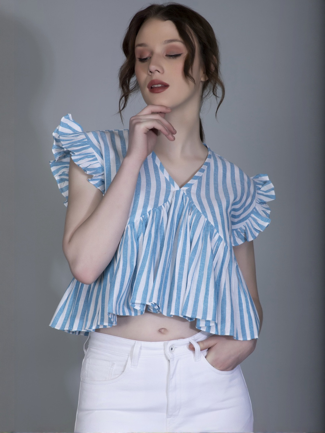 LERIYA FASHION Striped Flutter Sleeve Ruffles Crop Top