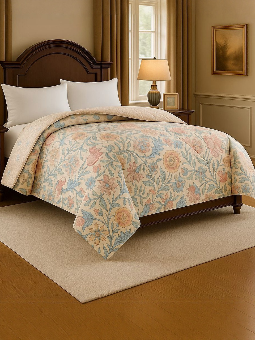 Signature Beige Floral Microfiber Mild Winter 600 GSM Double Bed Comforter