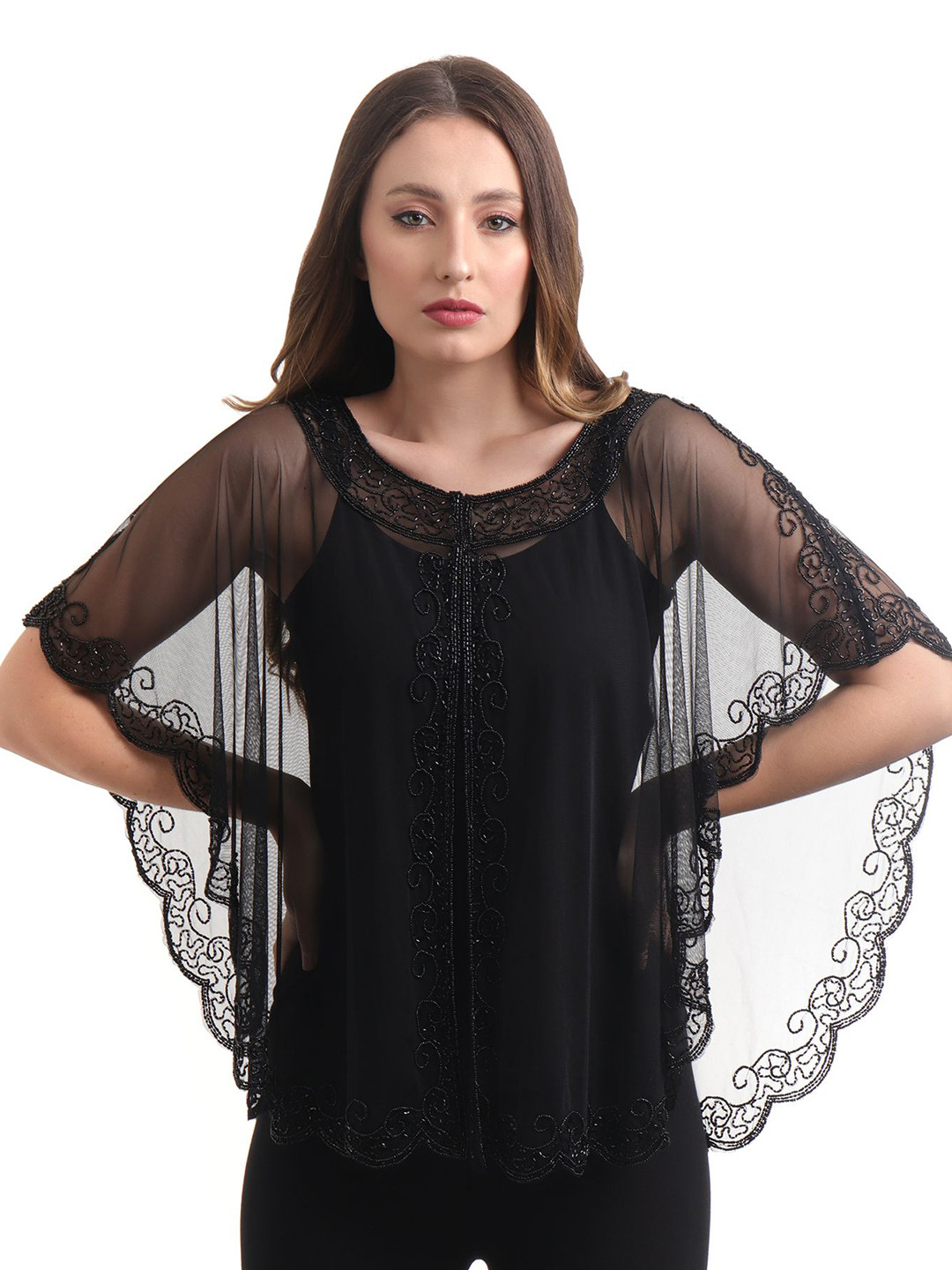 JEDCO Women Black Net Bead Embroidered Shrug