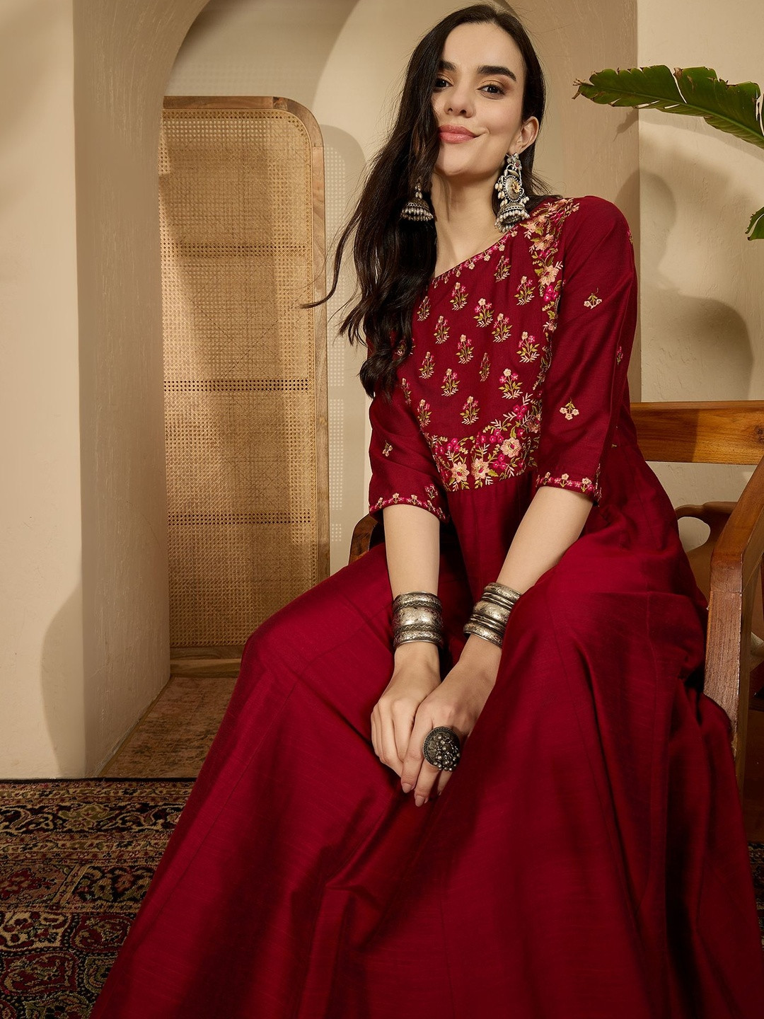 Sangria Women Silk Maroon Floral Embroidered Ethnic Dress