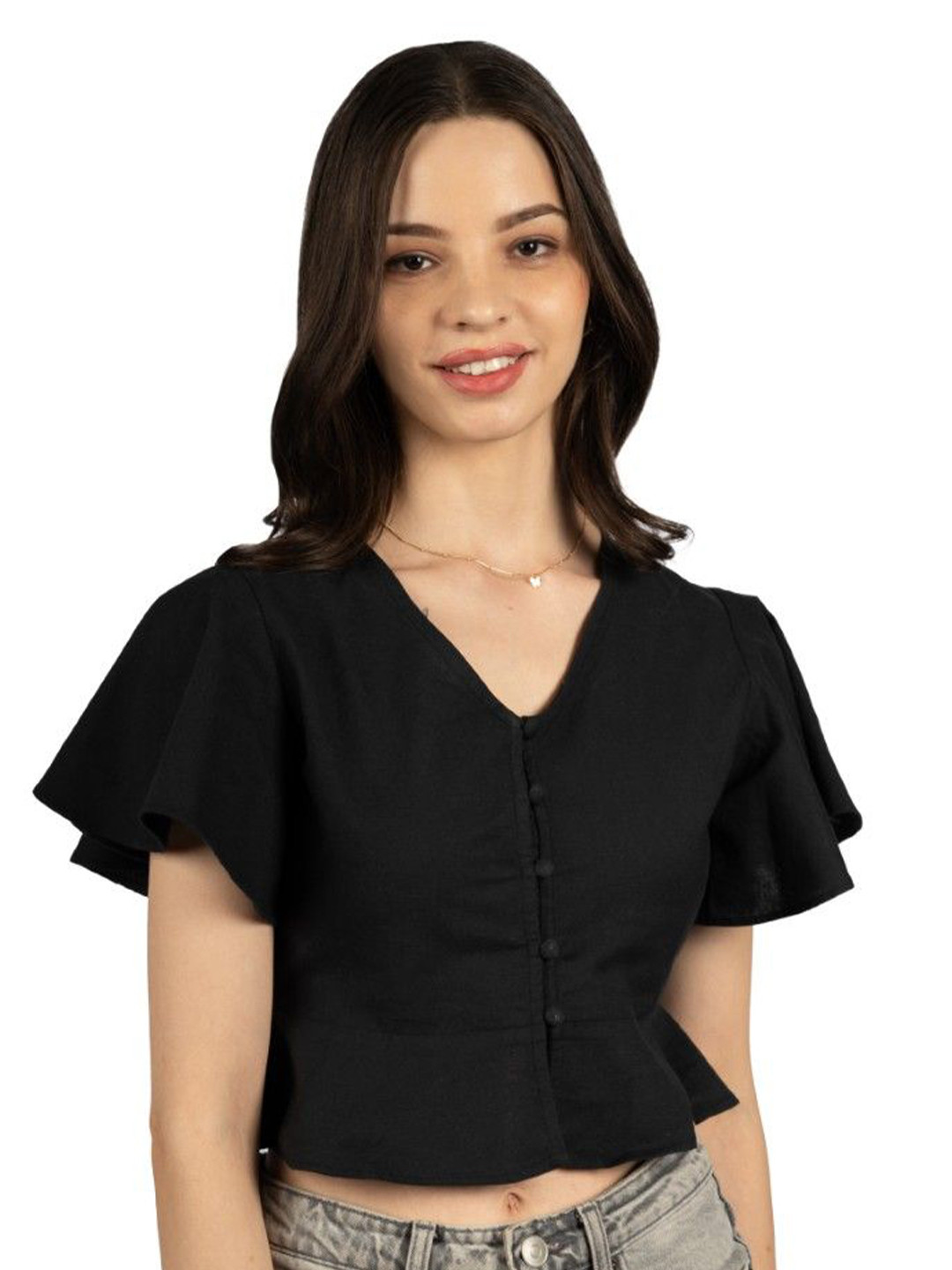 CORY EDGE Women Flutter Sleeve Cotton Peplum Crop Top