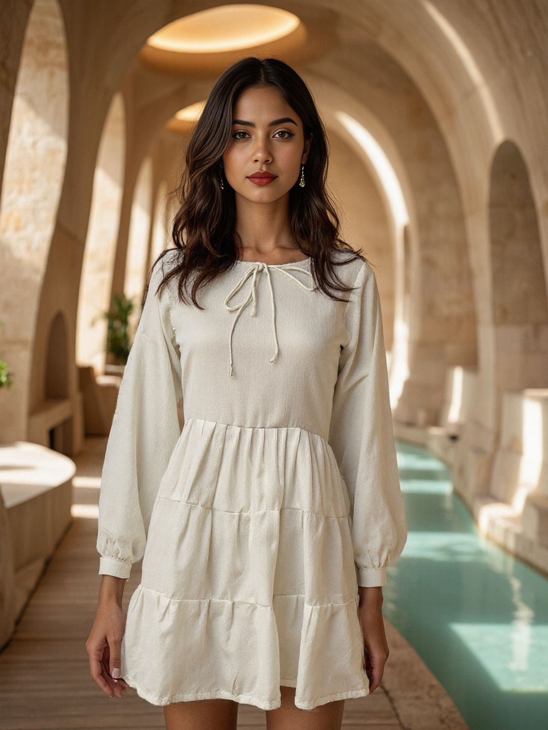 Naava Women Tie-Up Neck Tiered A-Line Mini Dress