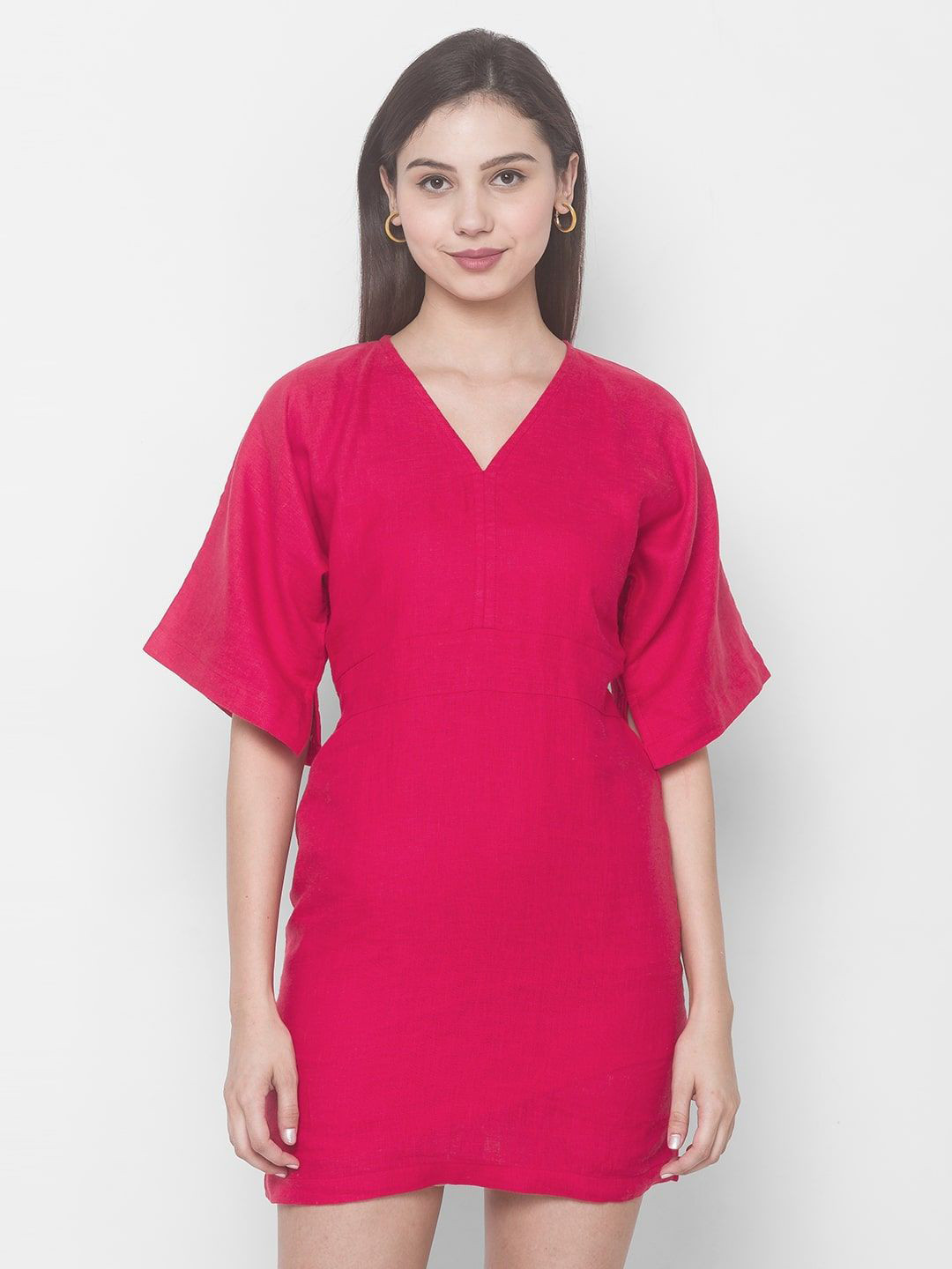 dhaaga Women Kimono Sleeve Linen Fit & Flare Mini Dress