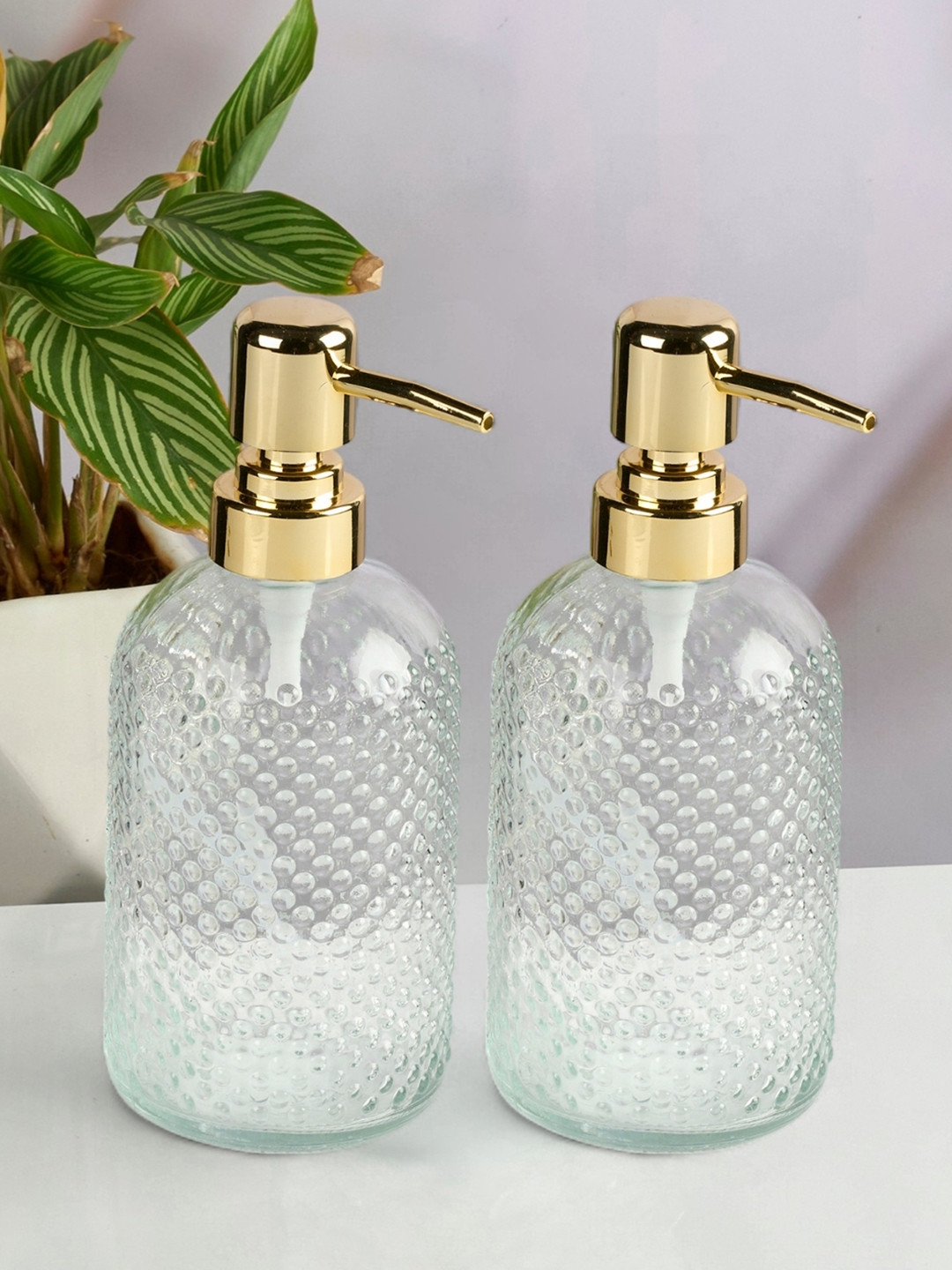 Kookee Transparent & Gold Toned 2 Pieces Textured Glass Soap Dispenser 400 ml Each