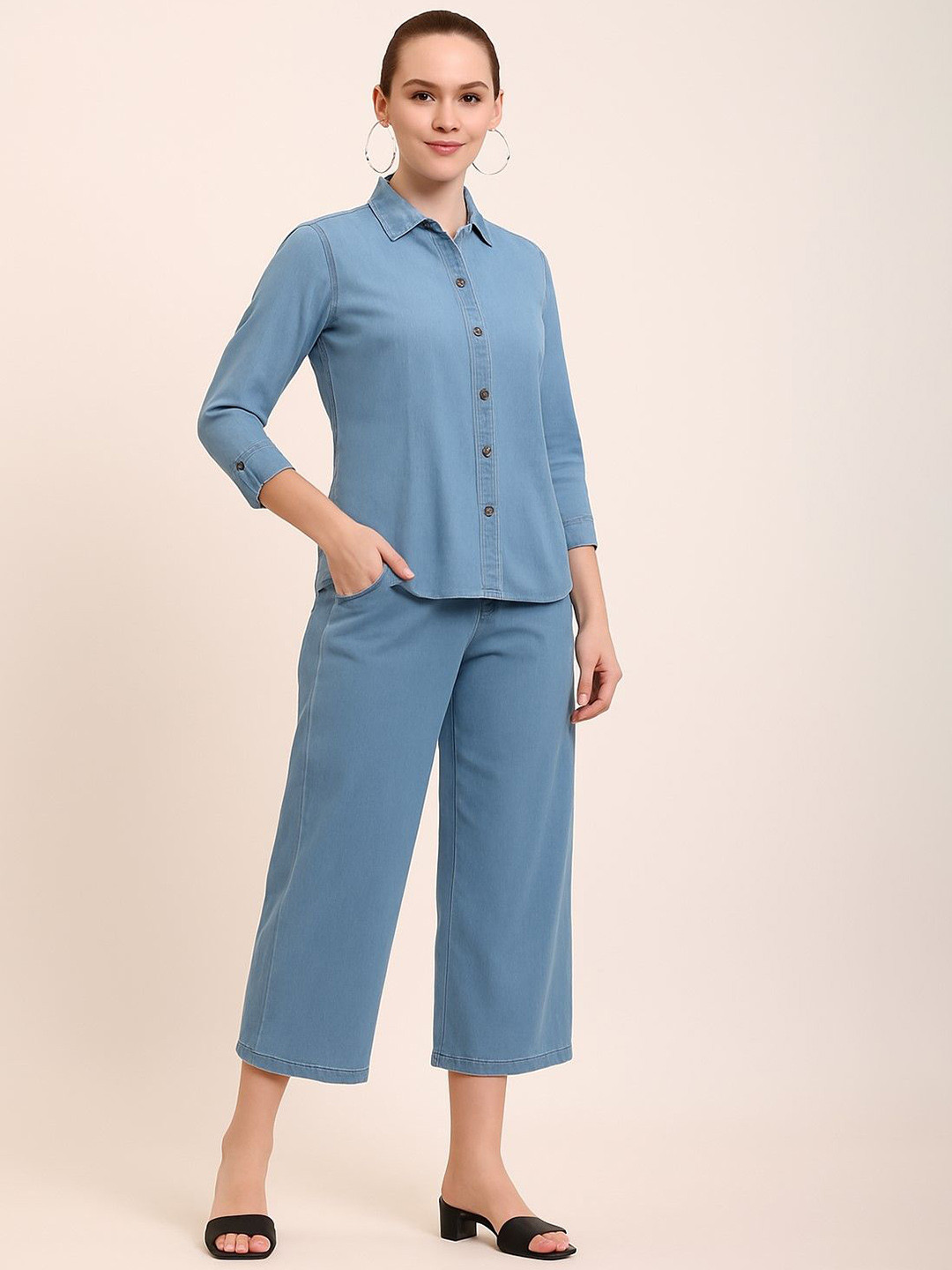 ADDYVERO Cuffed Sleeves Denim Shirt With Palazzos