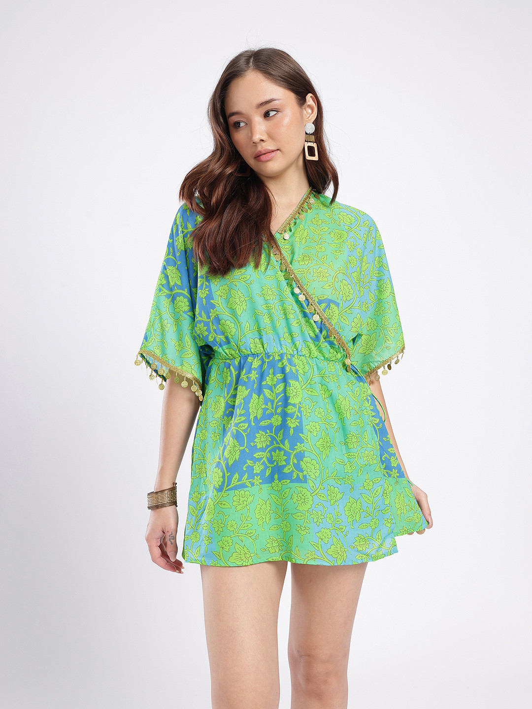 fusion by glitchez Indie Floral Printed Embellished Kaftan Dress