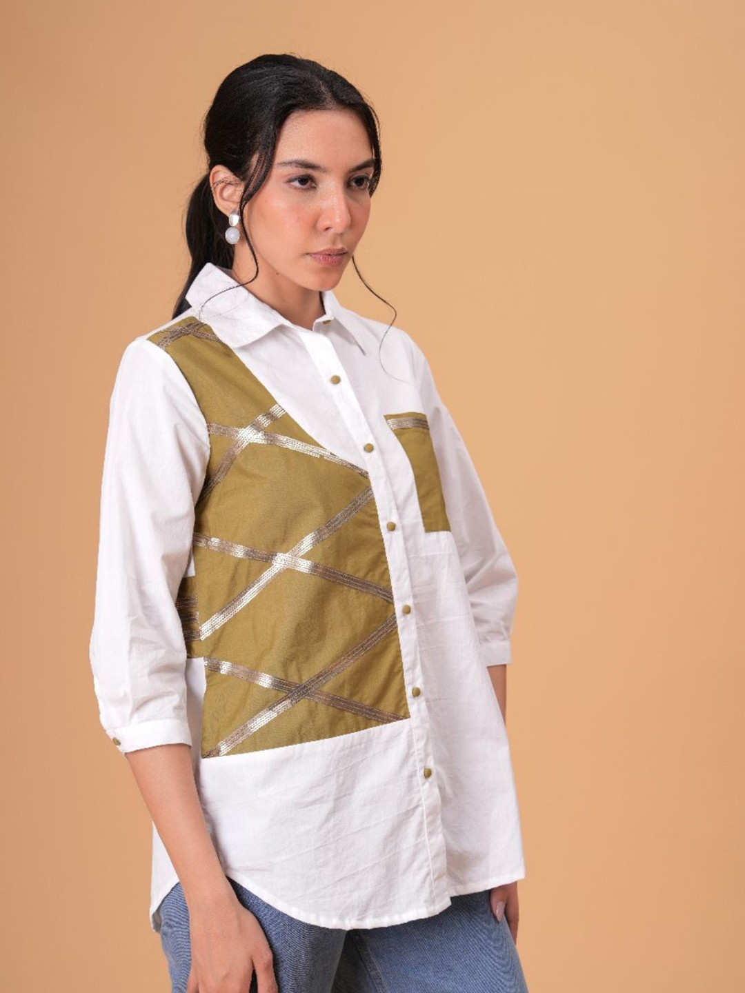 Zolo Label Women Ivory Mosaic White Poplin Patchwork Shirt