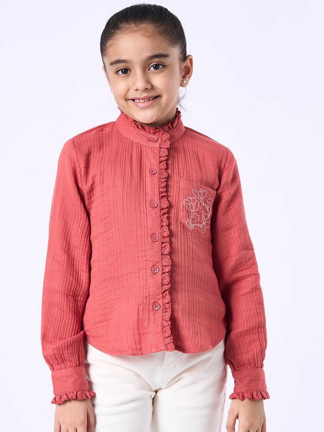 Ed-a-Mamma Embroidered Mandarin Collar Cotton Top