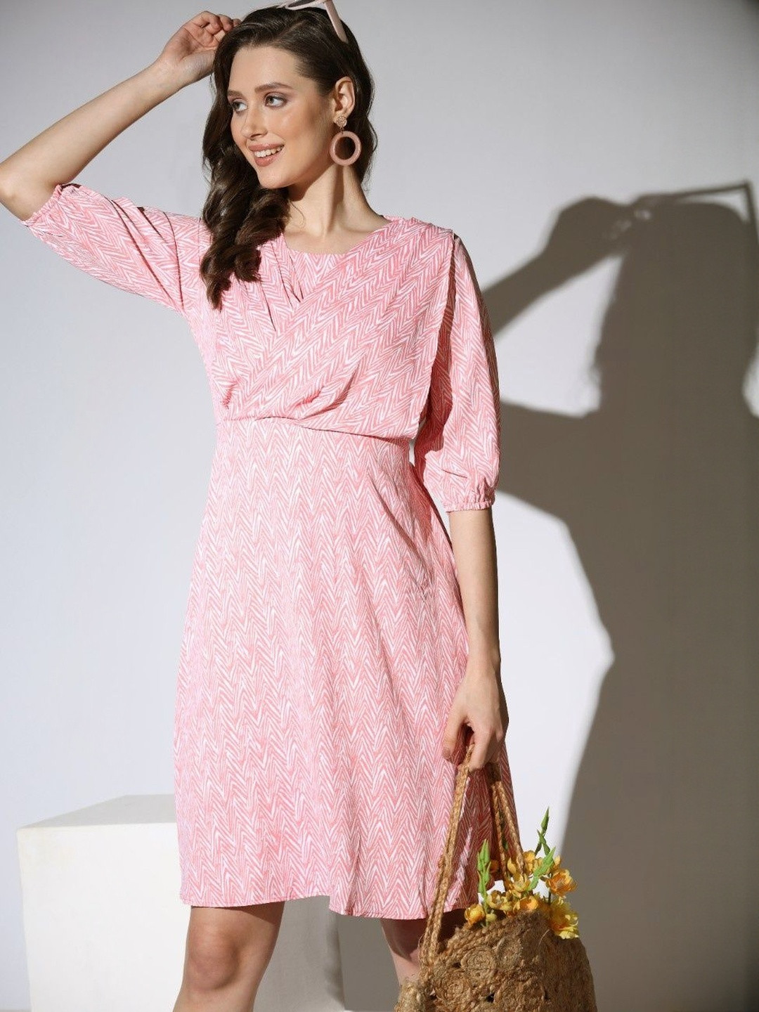 LERIYA FASHION Geometric Printed Three-Quarter Sleeves A-Line Dress