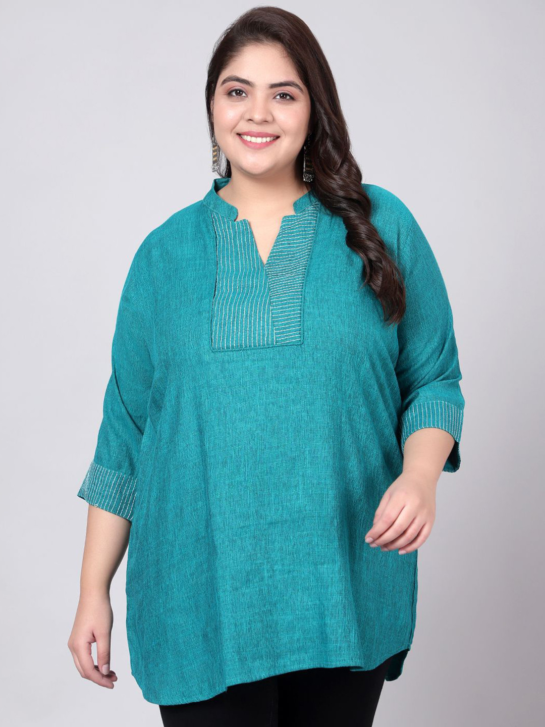 Indietoga Women Plus Size Striped Embroidered Mandarin Collar Cotton Top