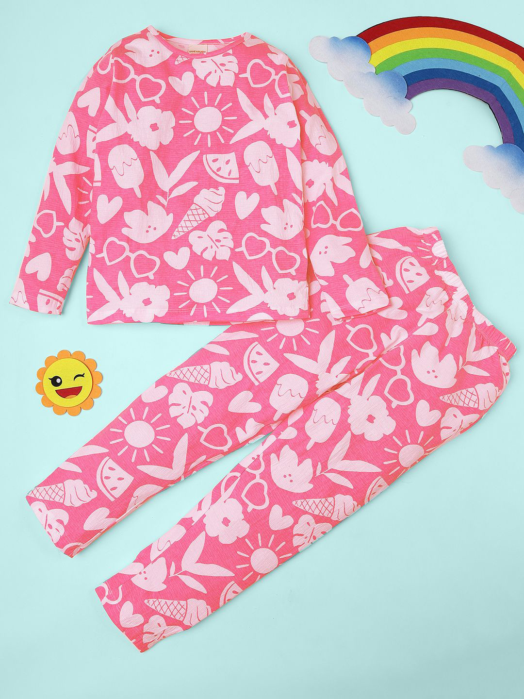RAINE AND JAINE Girls Floral Printed Pure Cotton Round Neck Night suit