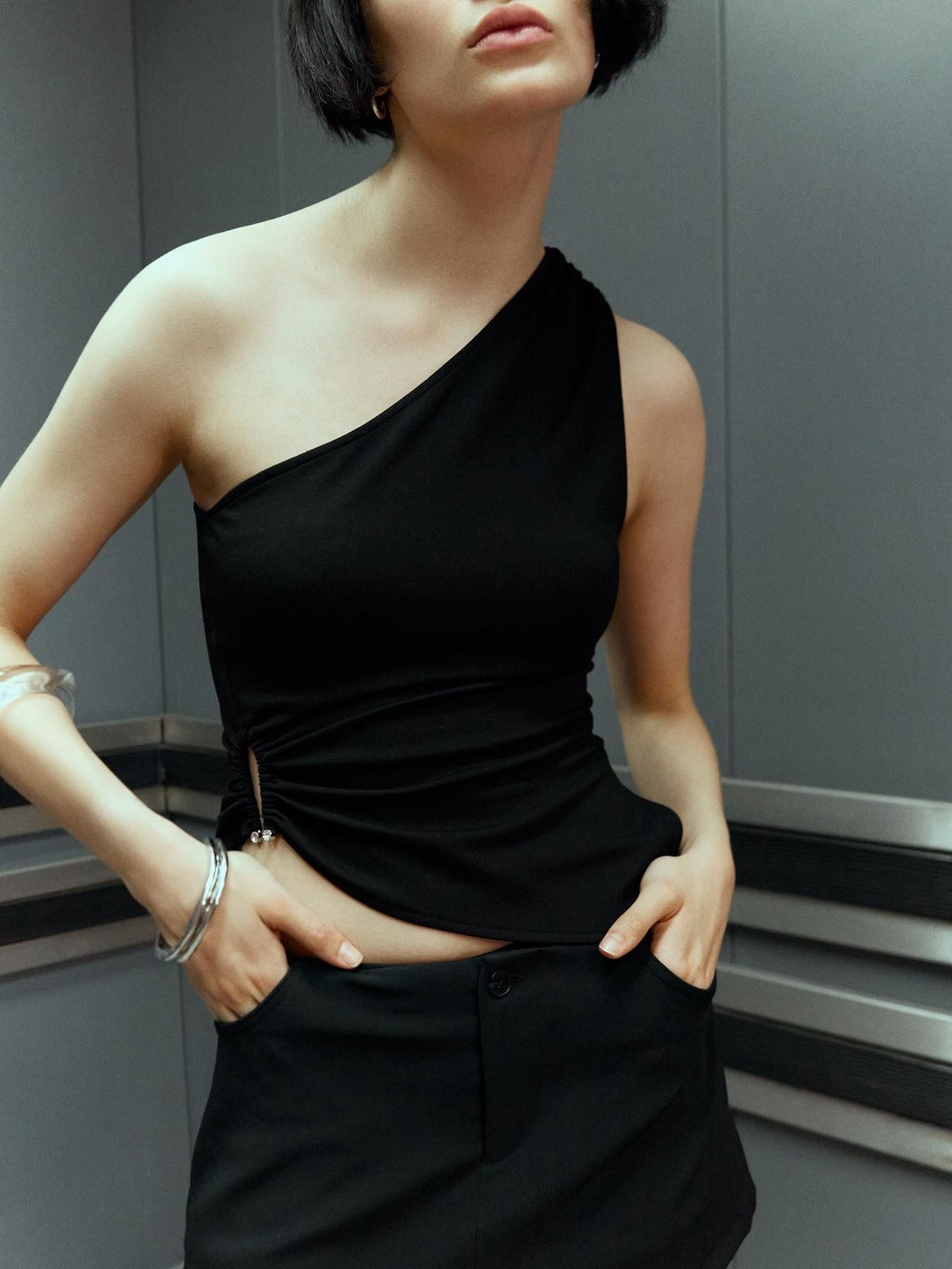 Bershka Women Gathered One Shoulder Sleeveless Crop Top