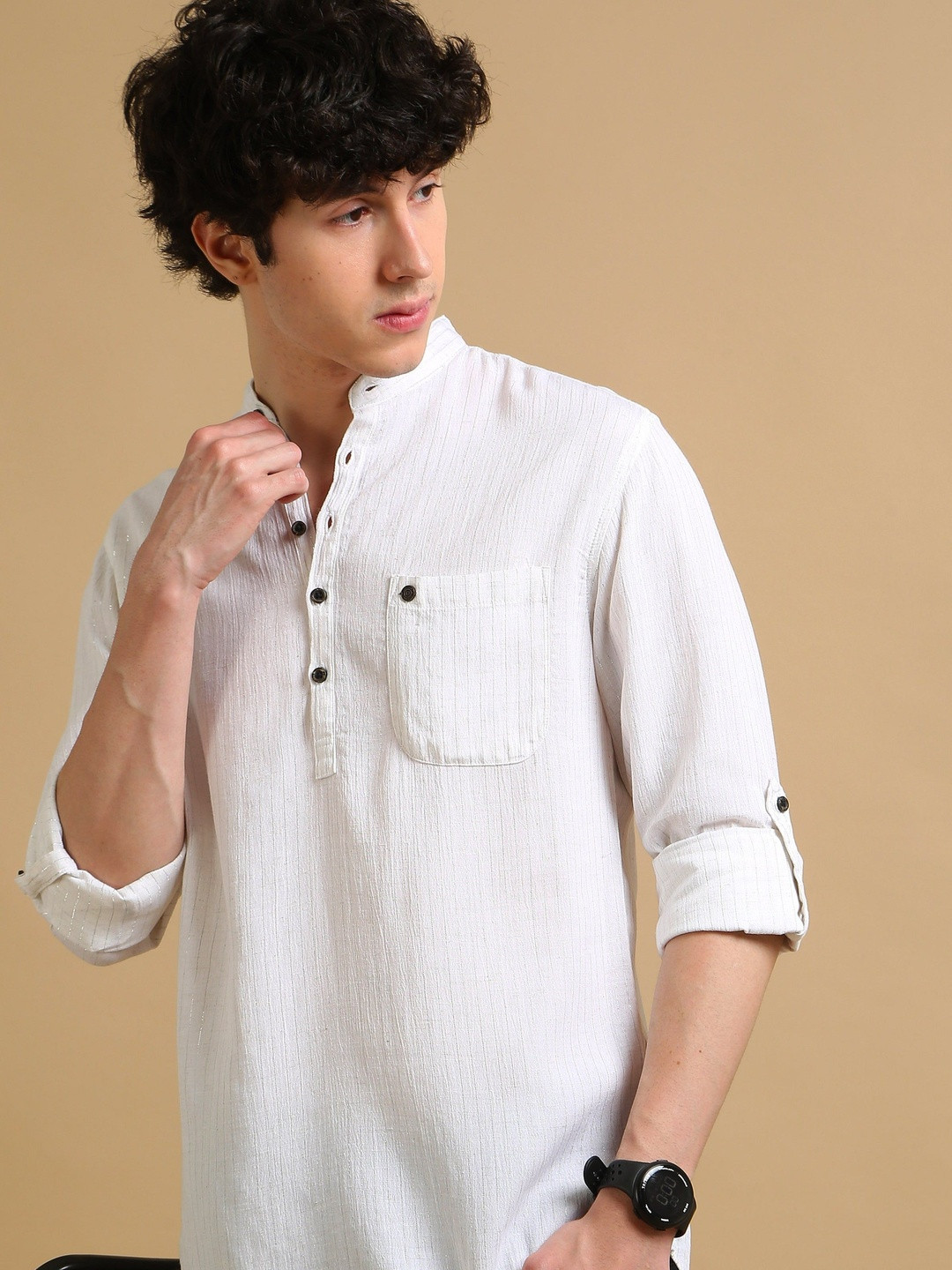 COOL COLORS Mandarin Collar Roll-Up Sleeves Pure Cotton Straight Short Kurta