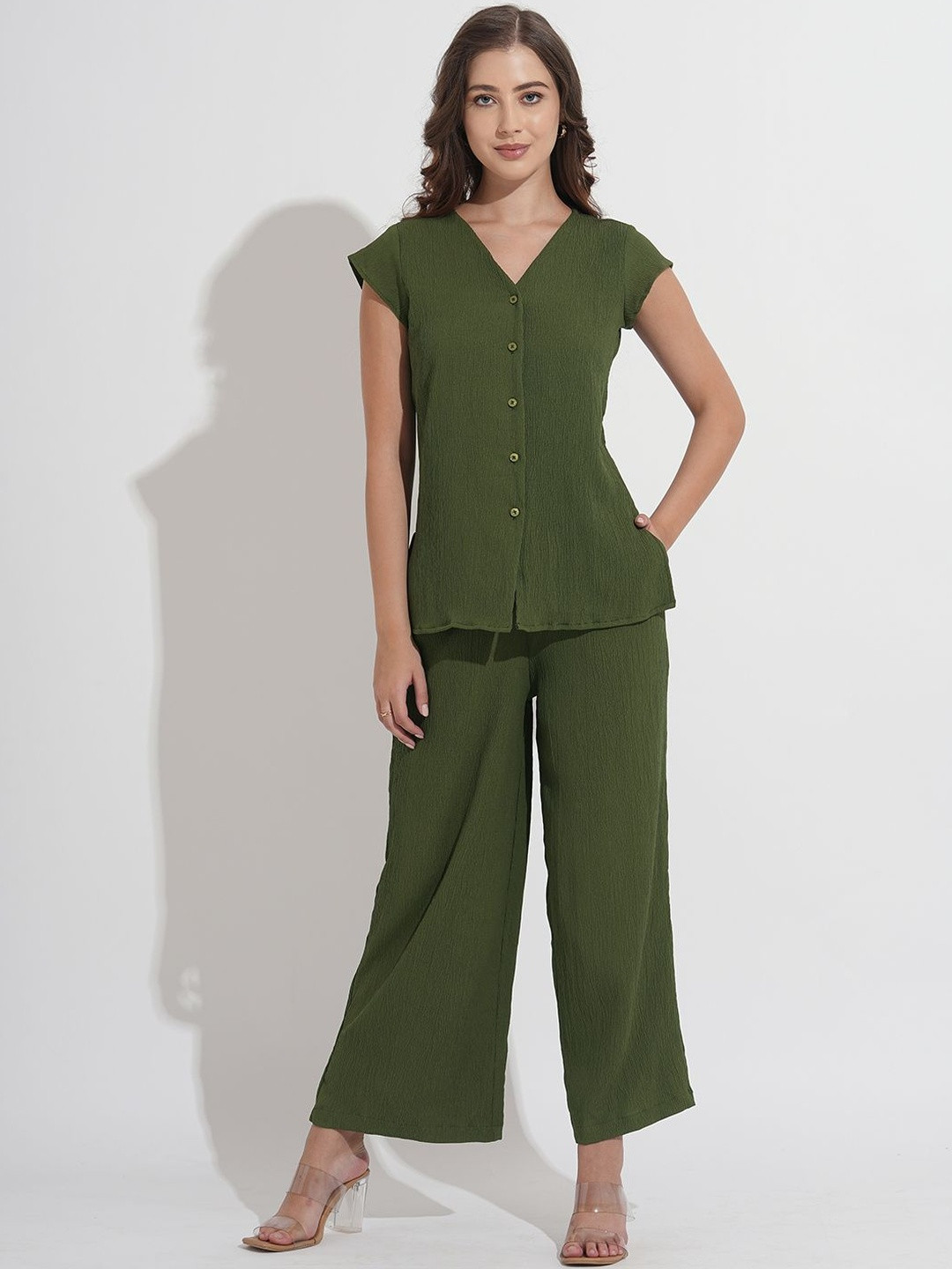 Murcia Women Olive Solid V Neck Waistcoat With Trouser Co-Ord Set