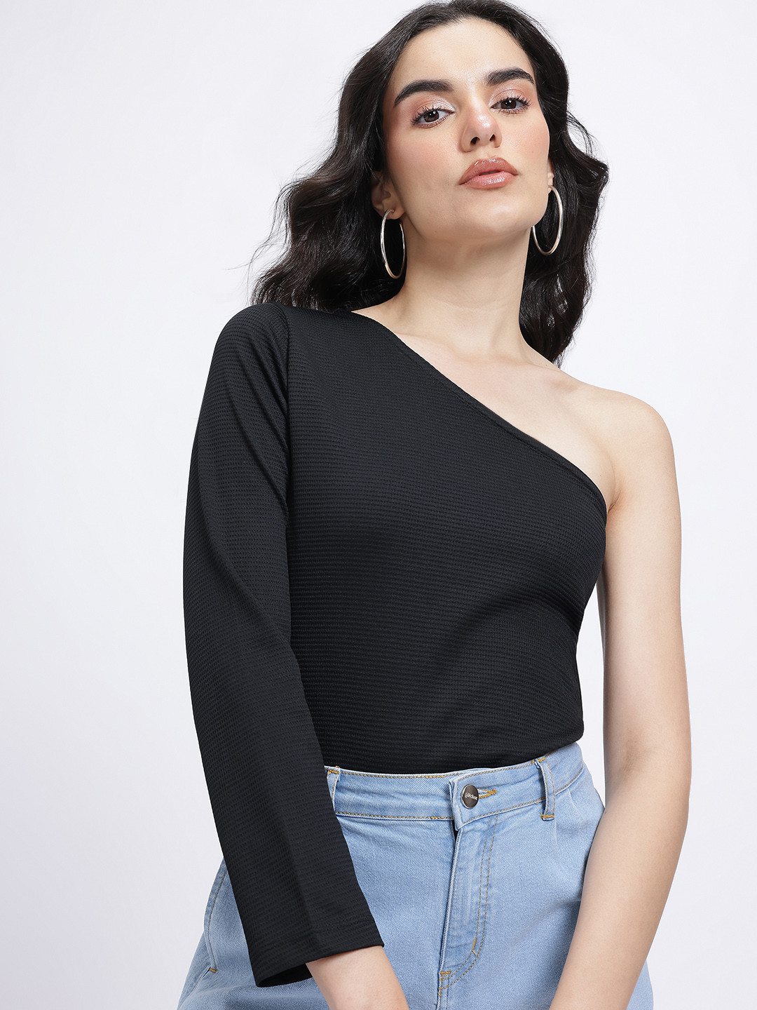 glitchez Waffle Knit One Shoulder Top