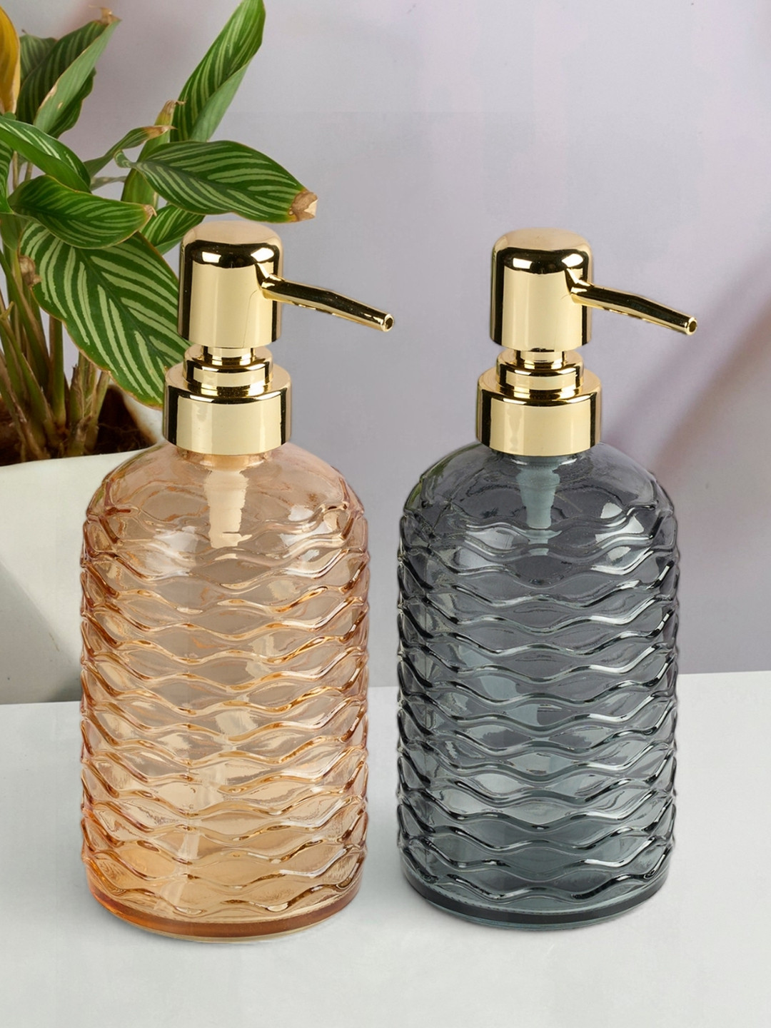 Kookee Orange Colored & Grey 2 Pieces Textured Glass Soap Dispensers 400 ml Each