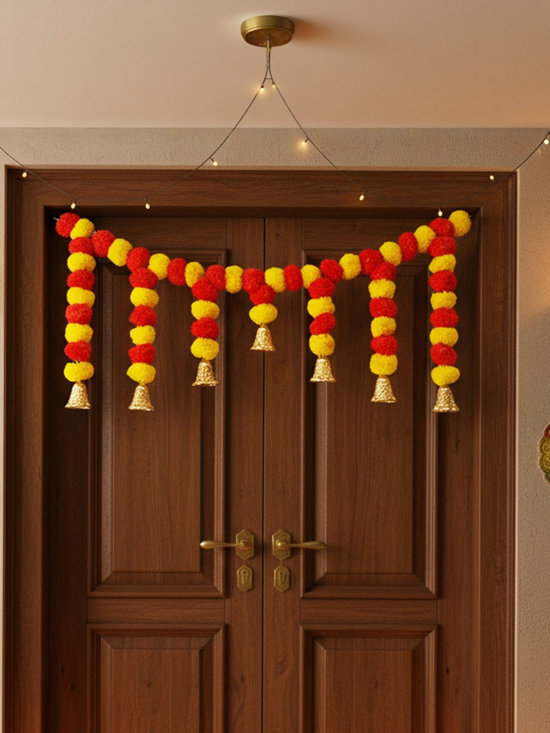 Go Hooked Artificial Marigold Flower Toran with Golden Bells Door Hanging