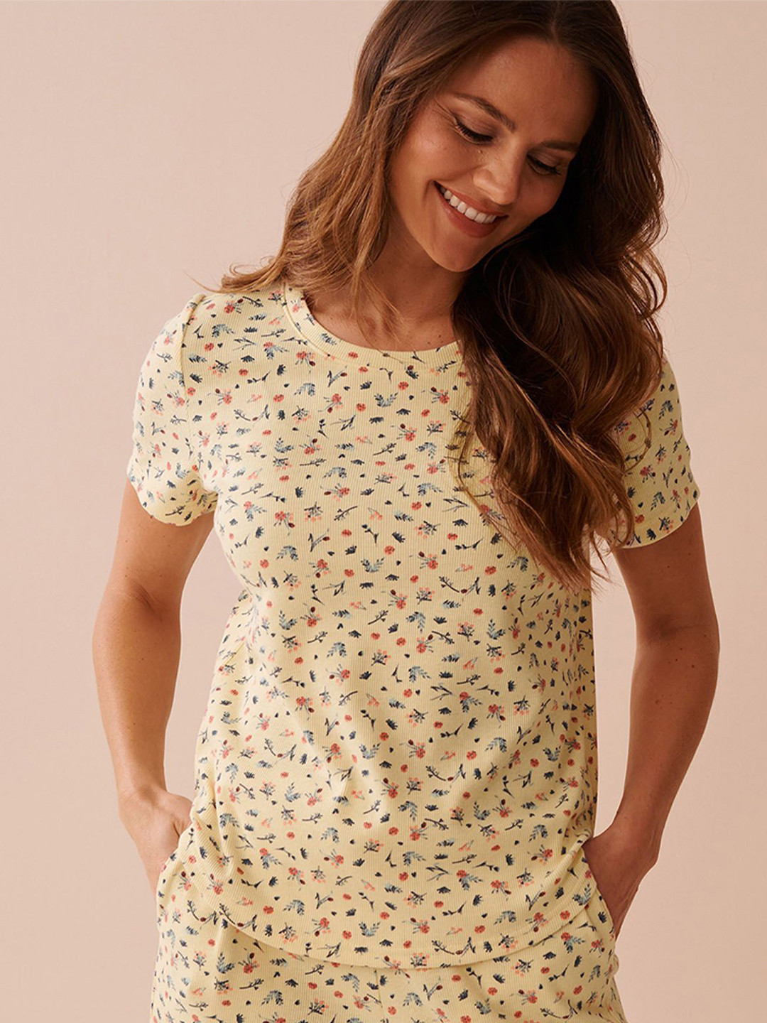 La Vie en Rose Women Floral Printed Ribbed Lounge T-Shirt