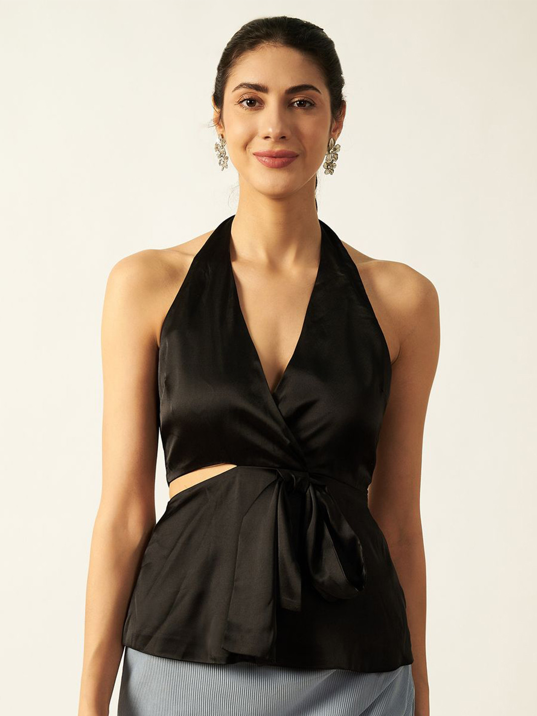 House of Sal Women Cut Out Backless Halter Neck Sleeveless Satin Wrap Top