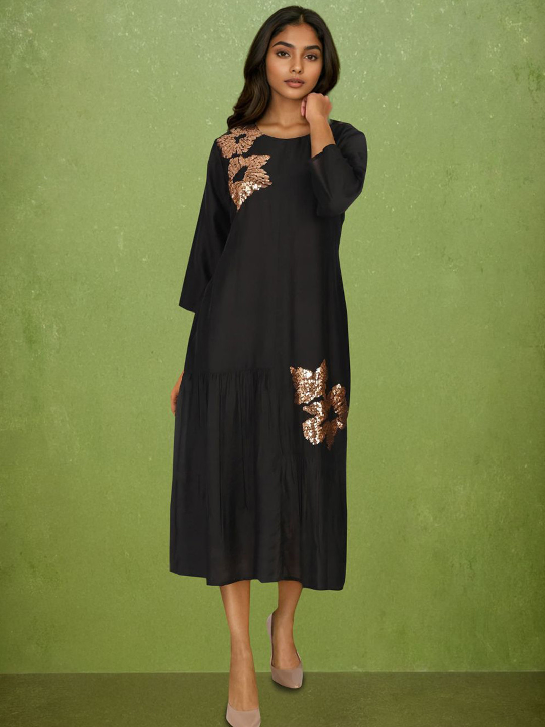 Zolo Label Women Black Embellished Viscose Midi Dress with Round Neck & 3/4th Sleeves