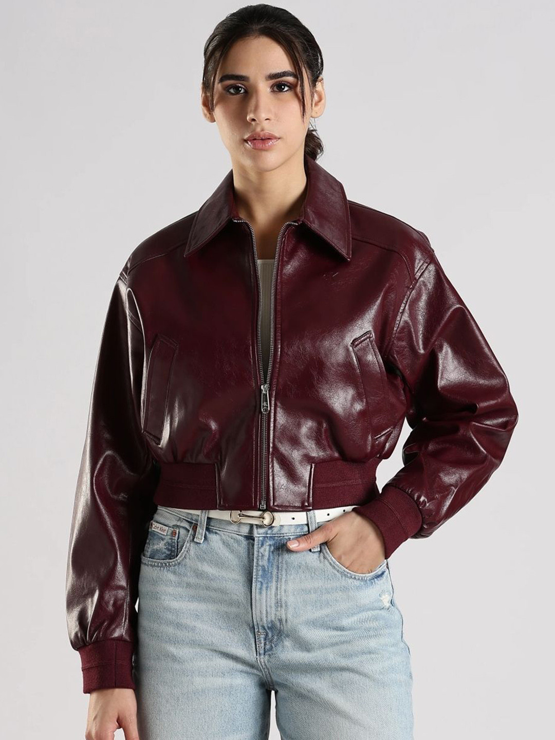 Calvin Klein Jeans Women Spread Collar Solid Leather Jacket