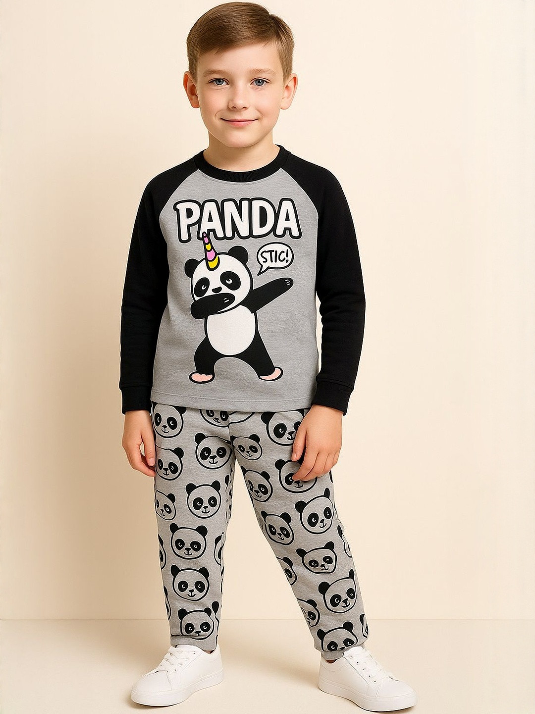 YK Boys  Panda Print T-Shirt With Printed Trousers