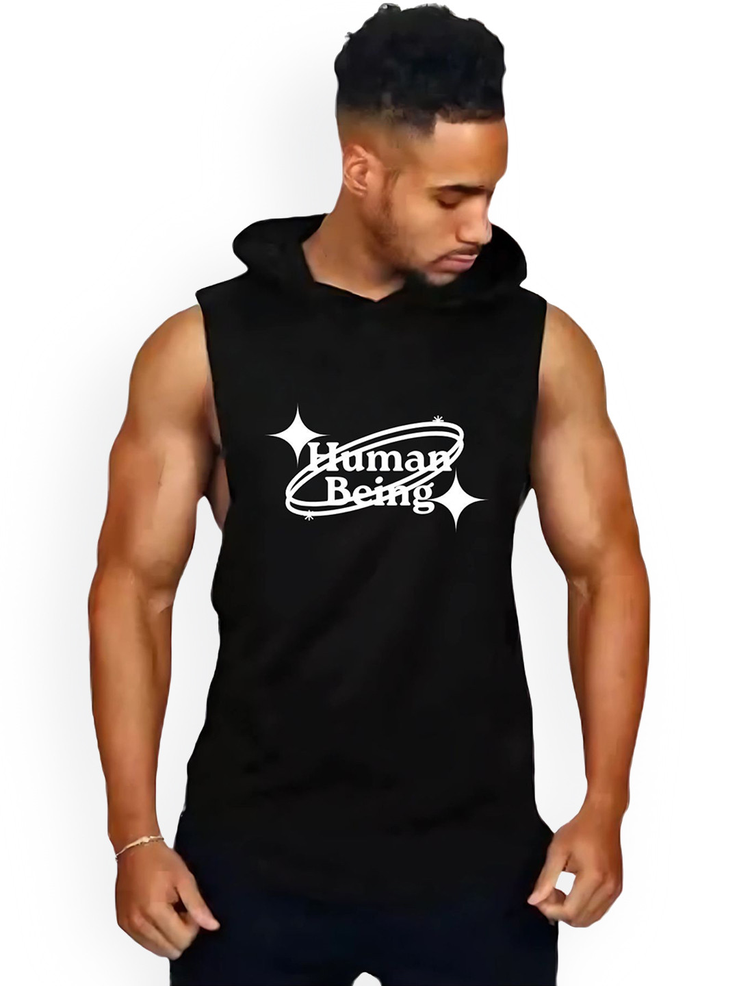 Fashnobic Human Being Men Printed Hooded Neck Gym Vest