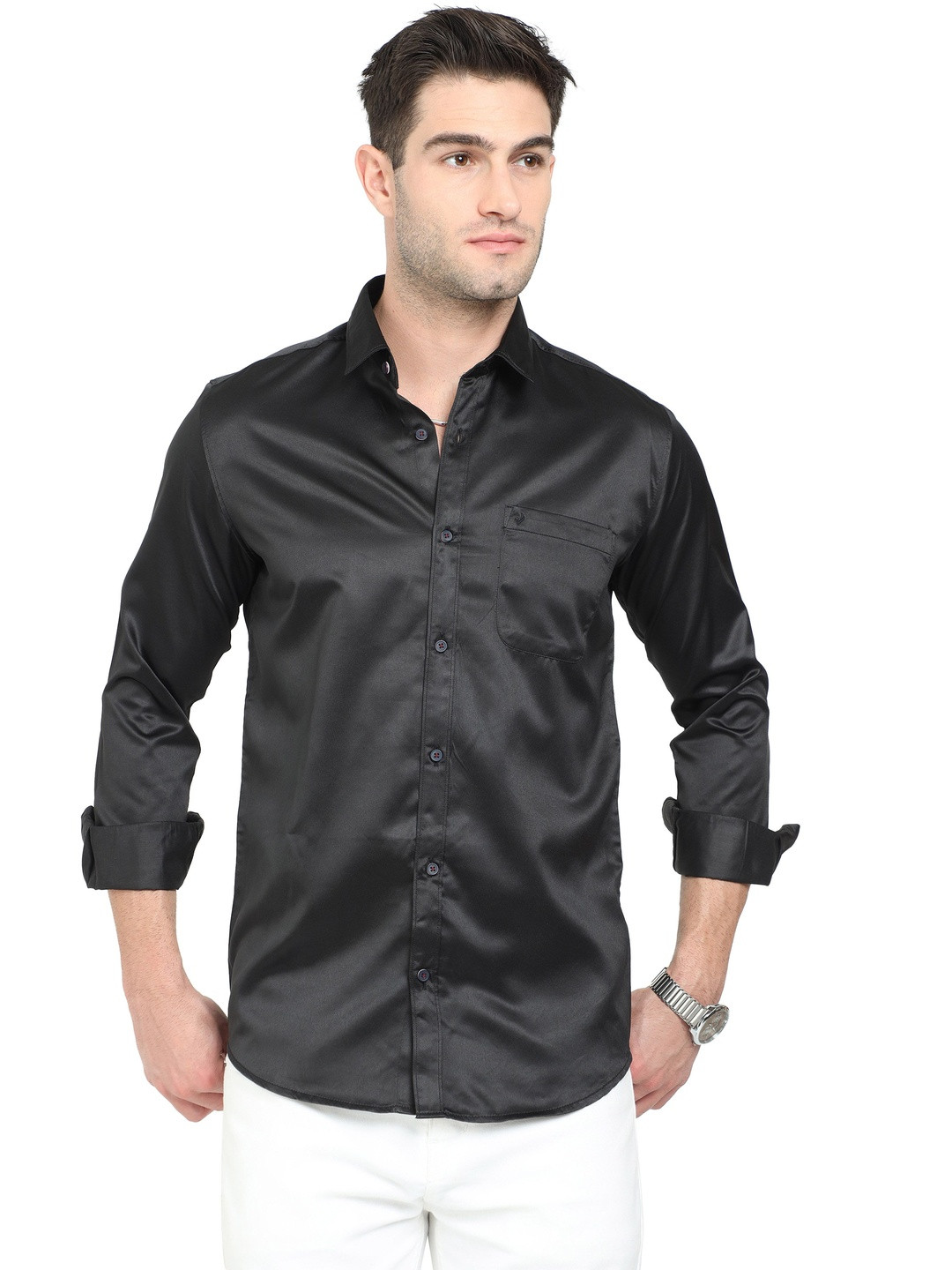 RS Fashions Men Black Satin Slim Fit Comfort Shirts