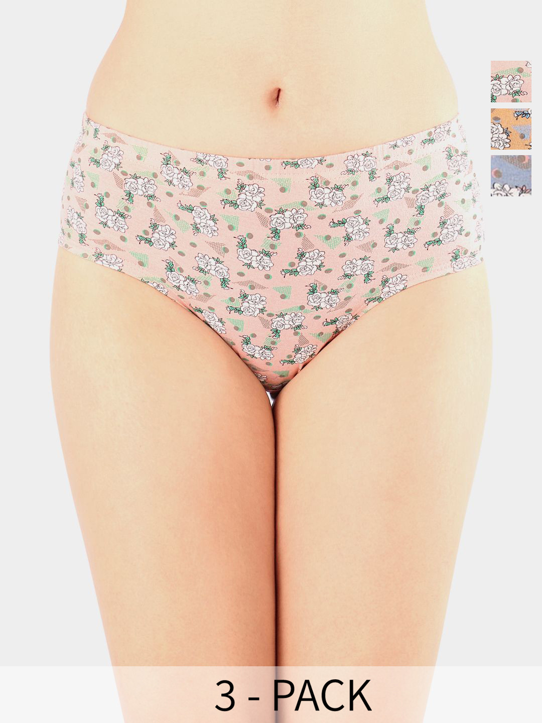 Bodycare Pack Of 3 Premium Assorted Floral-Printed Cotton Mid-Rise Basic Briefs - 5426