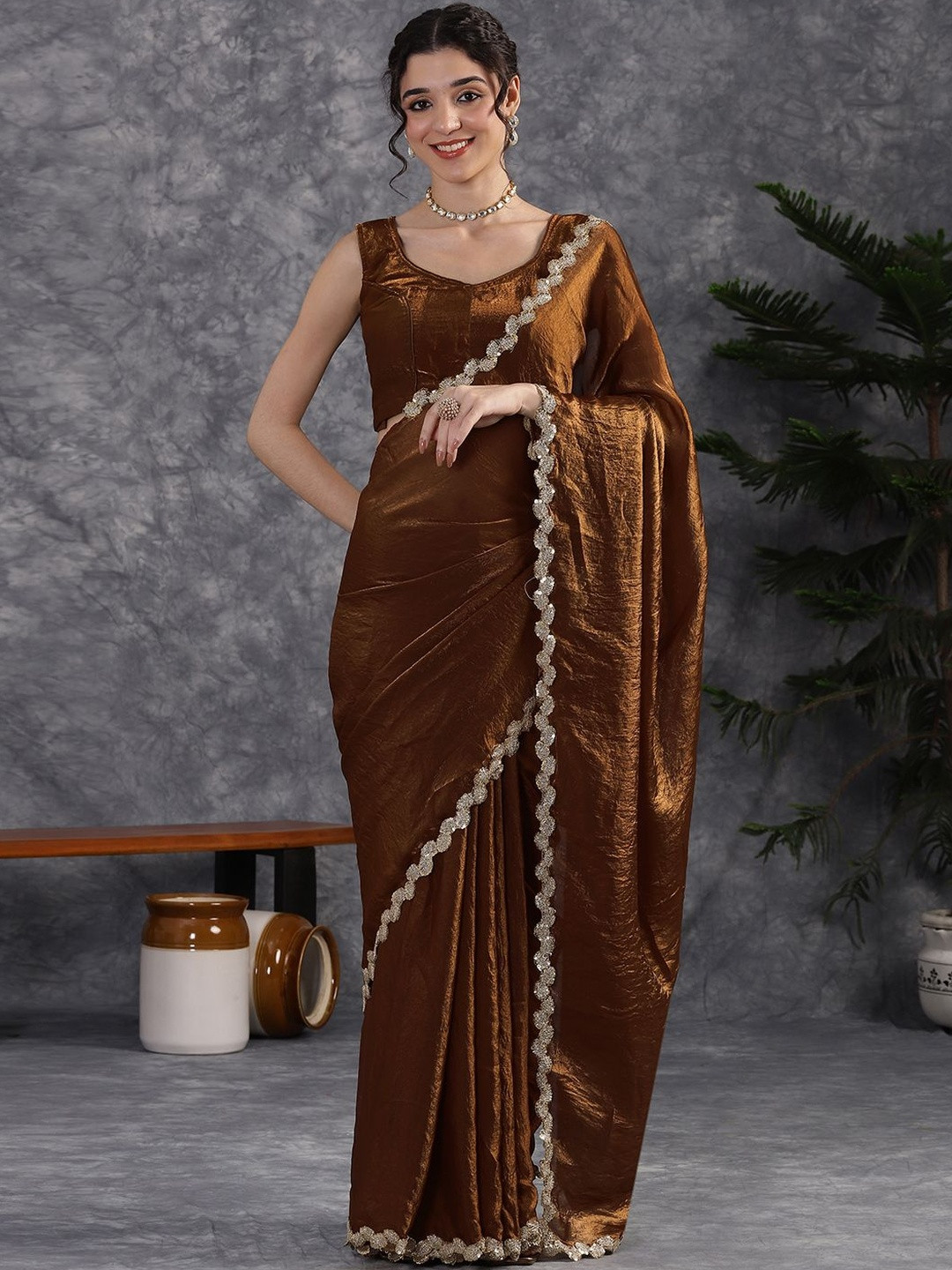 GEN Z TRENDS Embellished Sequinned Heavy Work Tissue Saree With Blouse Piece