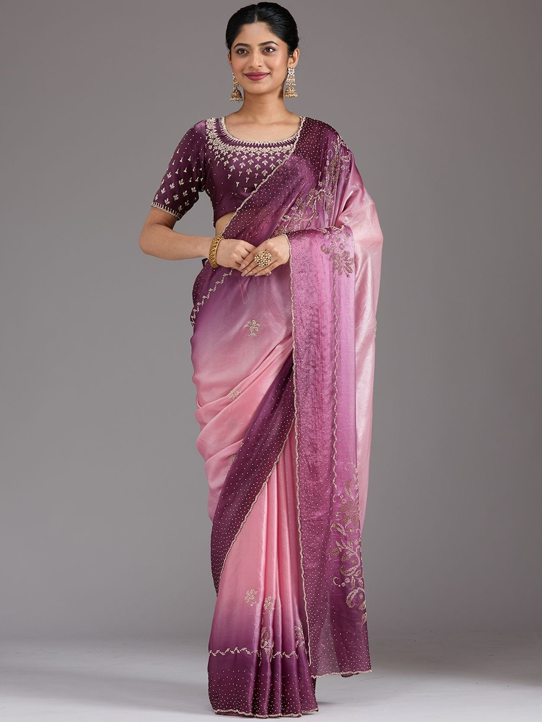 Koskii Pink Stone Work Gold Tissue Saree