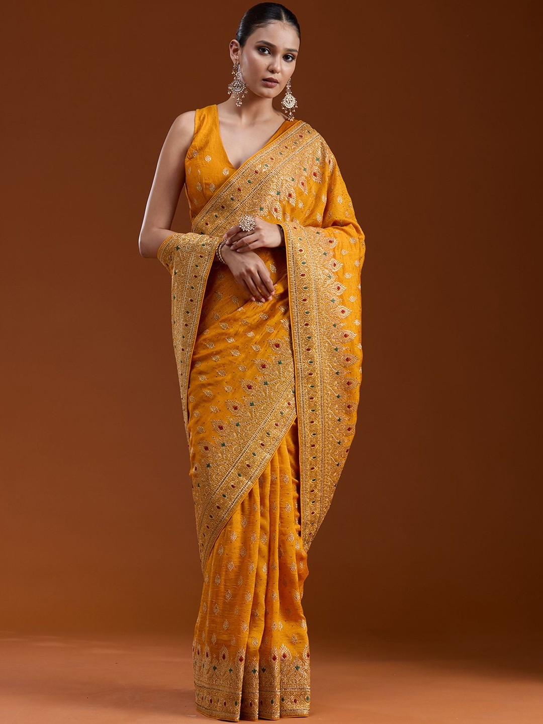 Koskii Zariwork Gold Soft Raw Silk Saree
