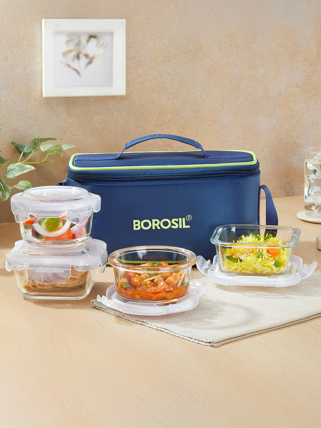 BOROSIL Klip-N-Store Universal Glass Microwave Safe 4PCs Lunch Box With Spoon and Fork