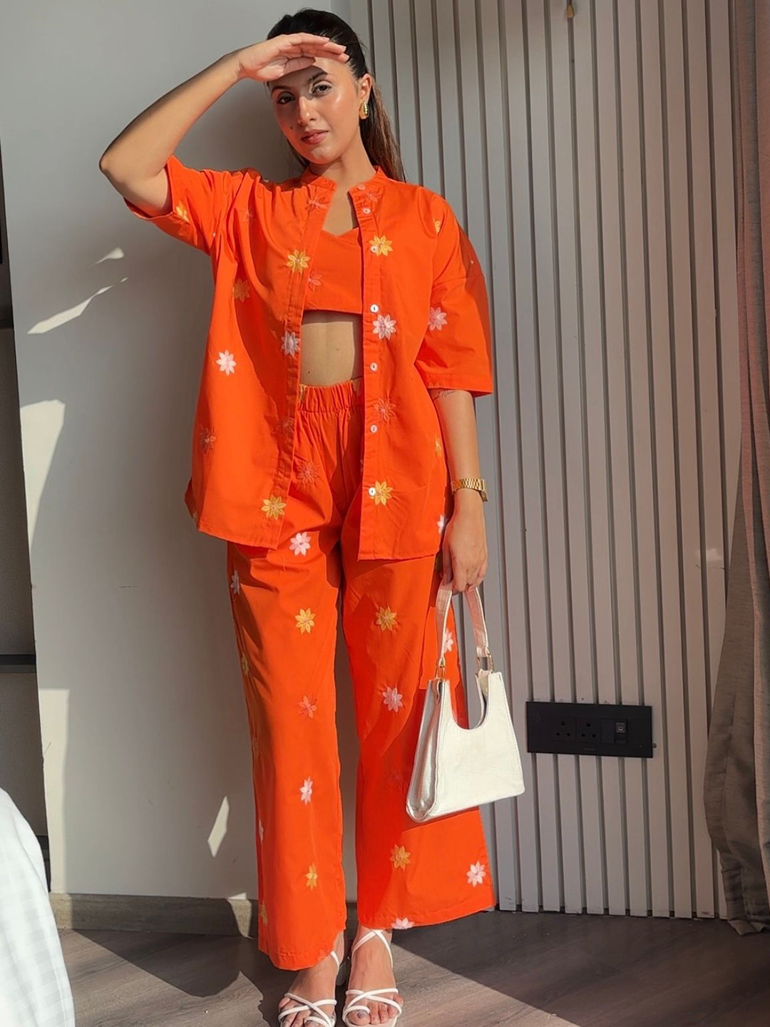 House of Sal Tangerine Embroidered V-Neck Top & Trouser With Jacket Co-Ords