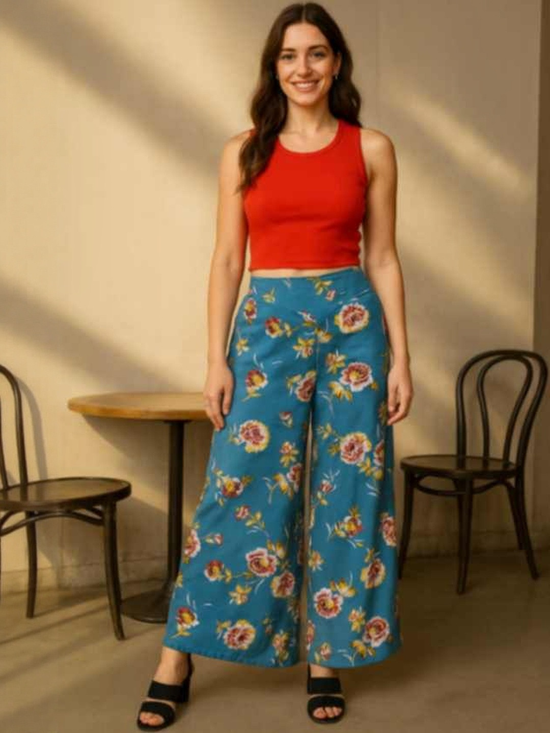DressBerry Women Blue Polyester Printed Wide Leg Anti Fit Trousers