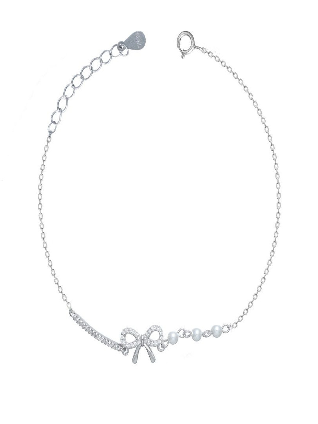 TASSYA Silver Artificial Stones Studded And Pearls Beaded Bow Shaped Link Bracelet