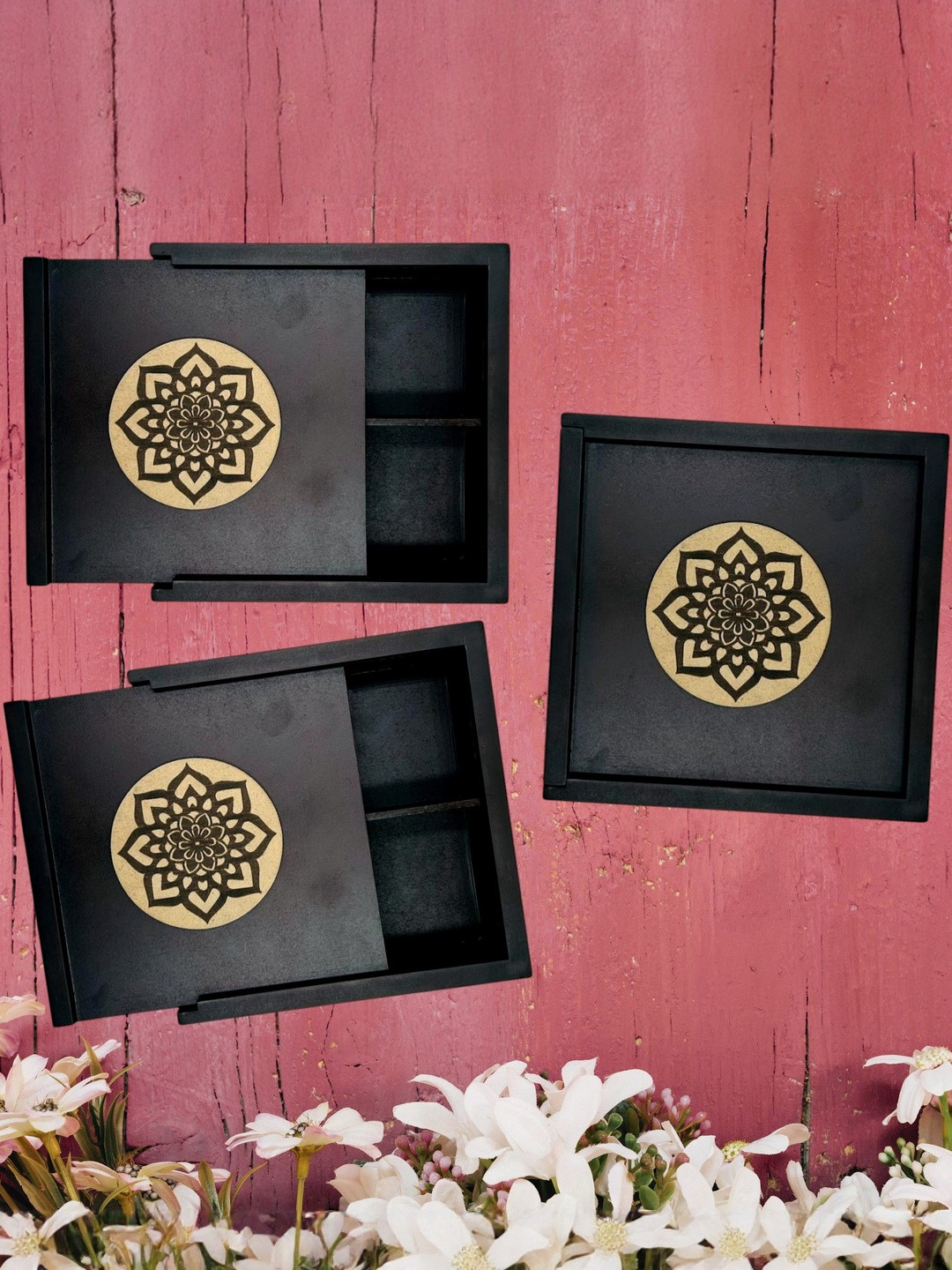 Angira handicrafts Set of 3 Wooden Multipurpose 4 Section Square Box