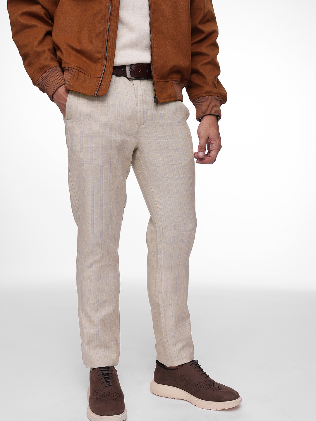 French Connection Men Slim Fit Checked Cotton Linen Casual Trousers