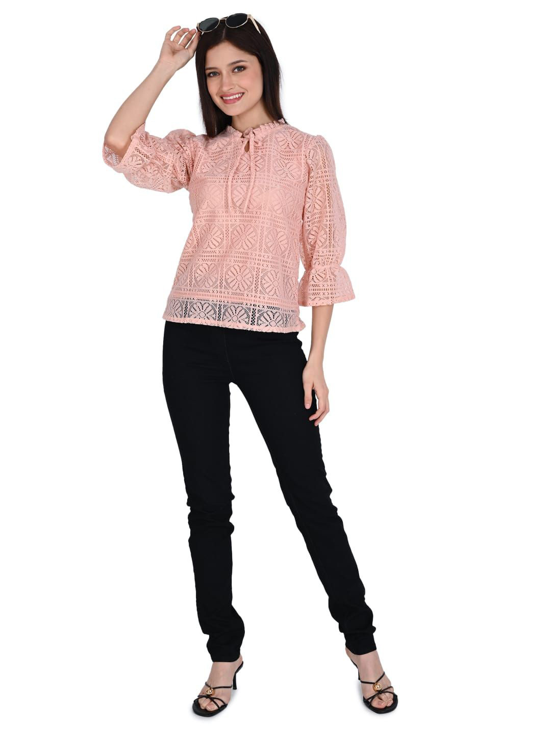 ORIEX THE ORIGINAL FASHION Women Embroidered Tie-Up Neck Bell Sleeve Ruffles Net Top