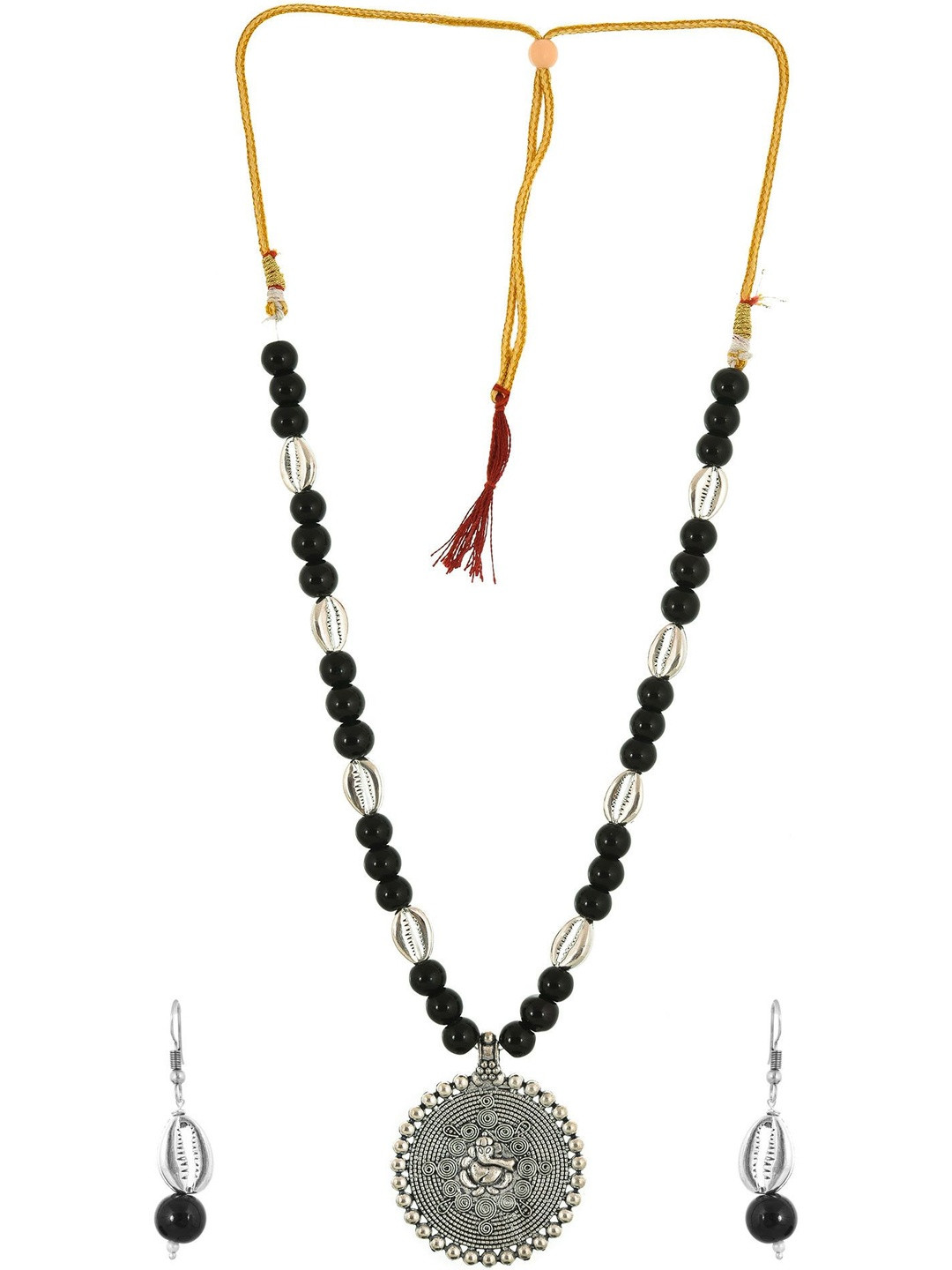Sangria Silver-Plated Oxidised Beads & Artificial Shells Necklace & Earrings Set