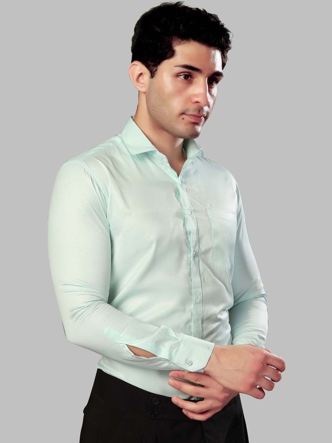 UR ETHICS Men Sea Green Self Design Slim Fit Premium Semiformal Shirts
