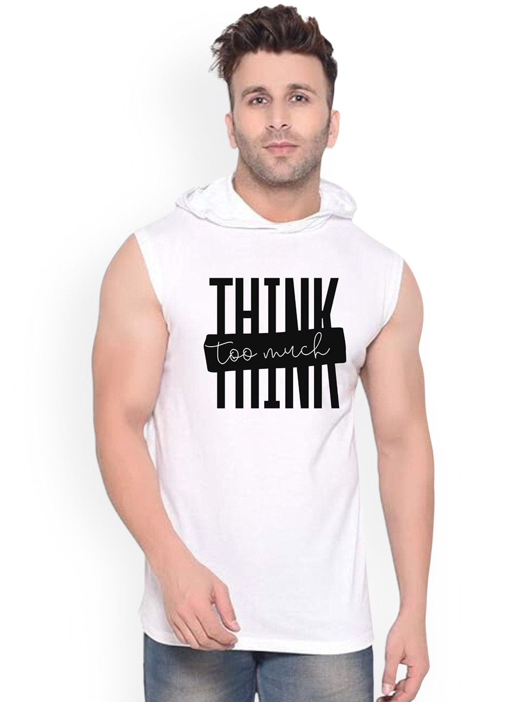 Fashnobic Men Think Too Much Printed Hooded Neck Gym Vests