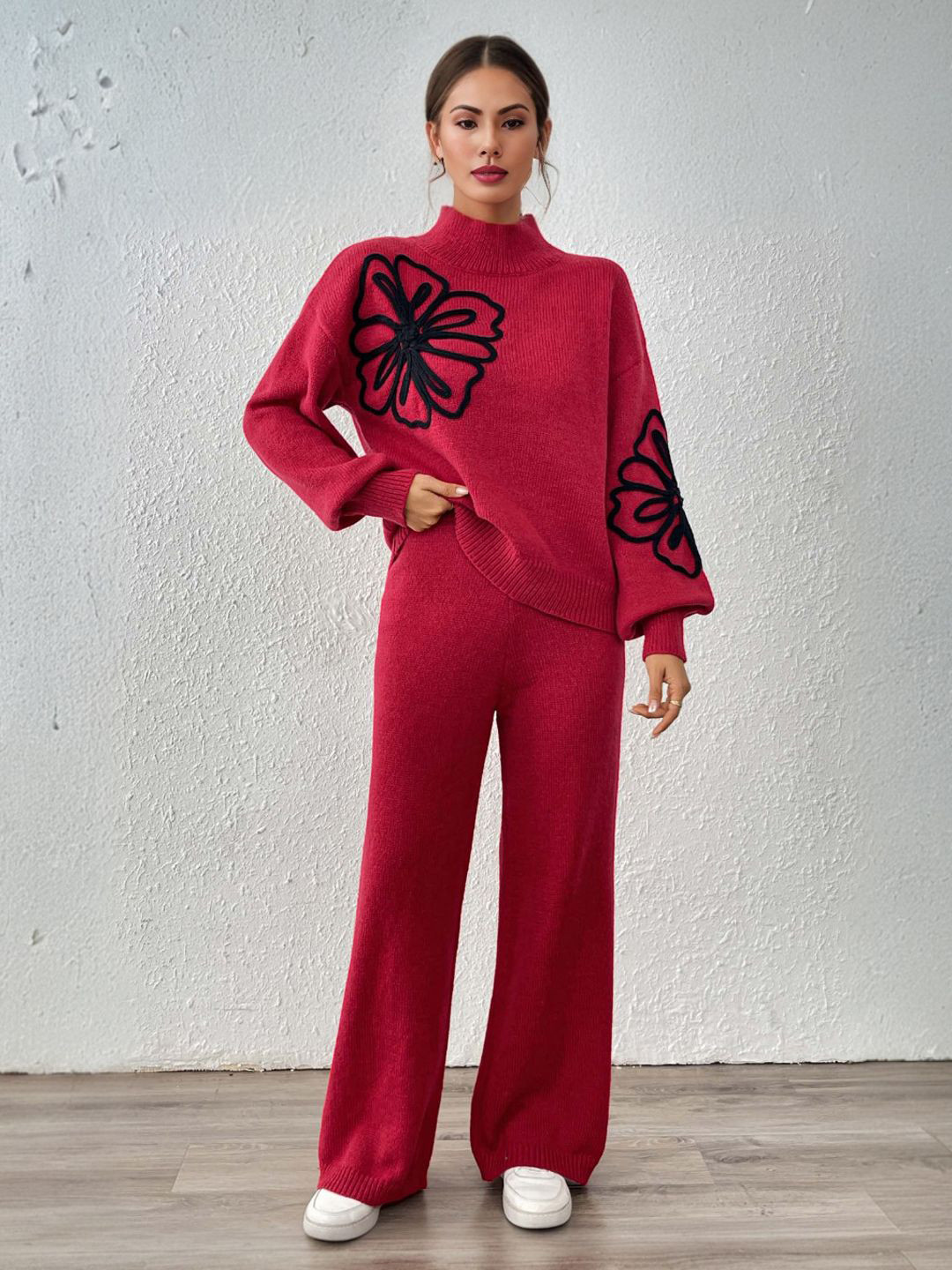 Mast & Harbour Turtle Neck Pullover Sweater with Flower Embroidery