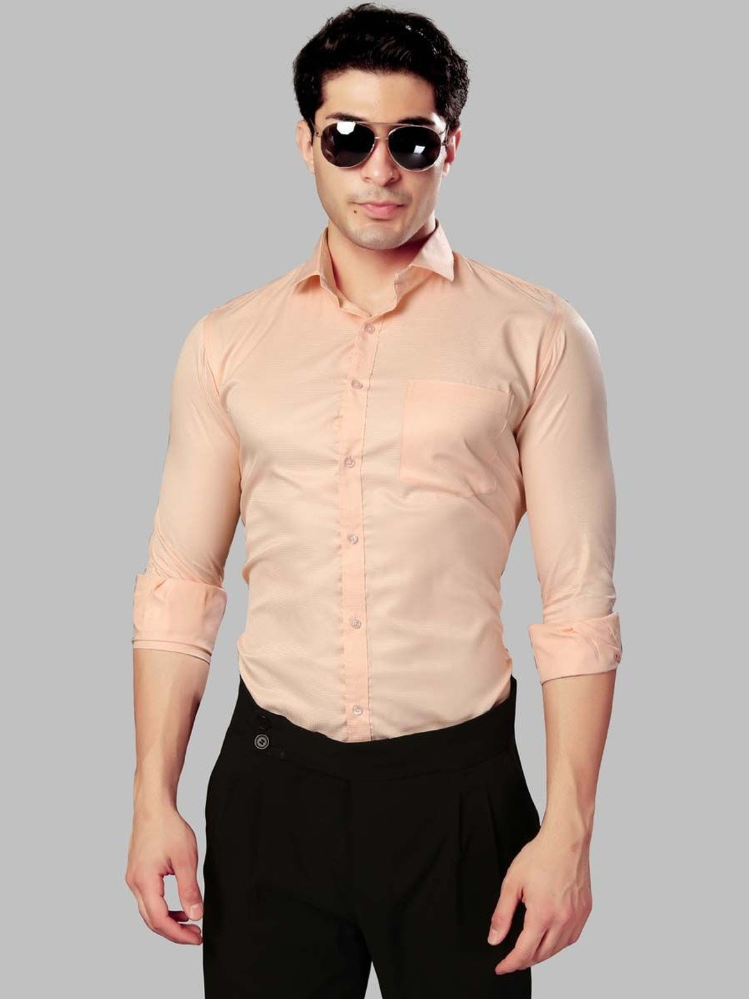 UR ETHICS Men Peach Self Design Slim Fit Premium Semiformal Shirts
