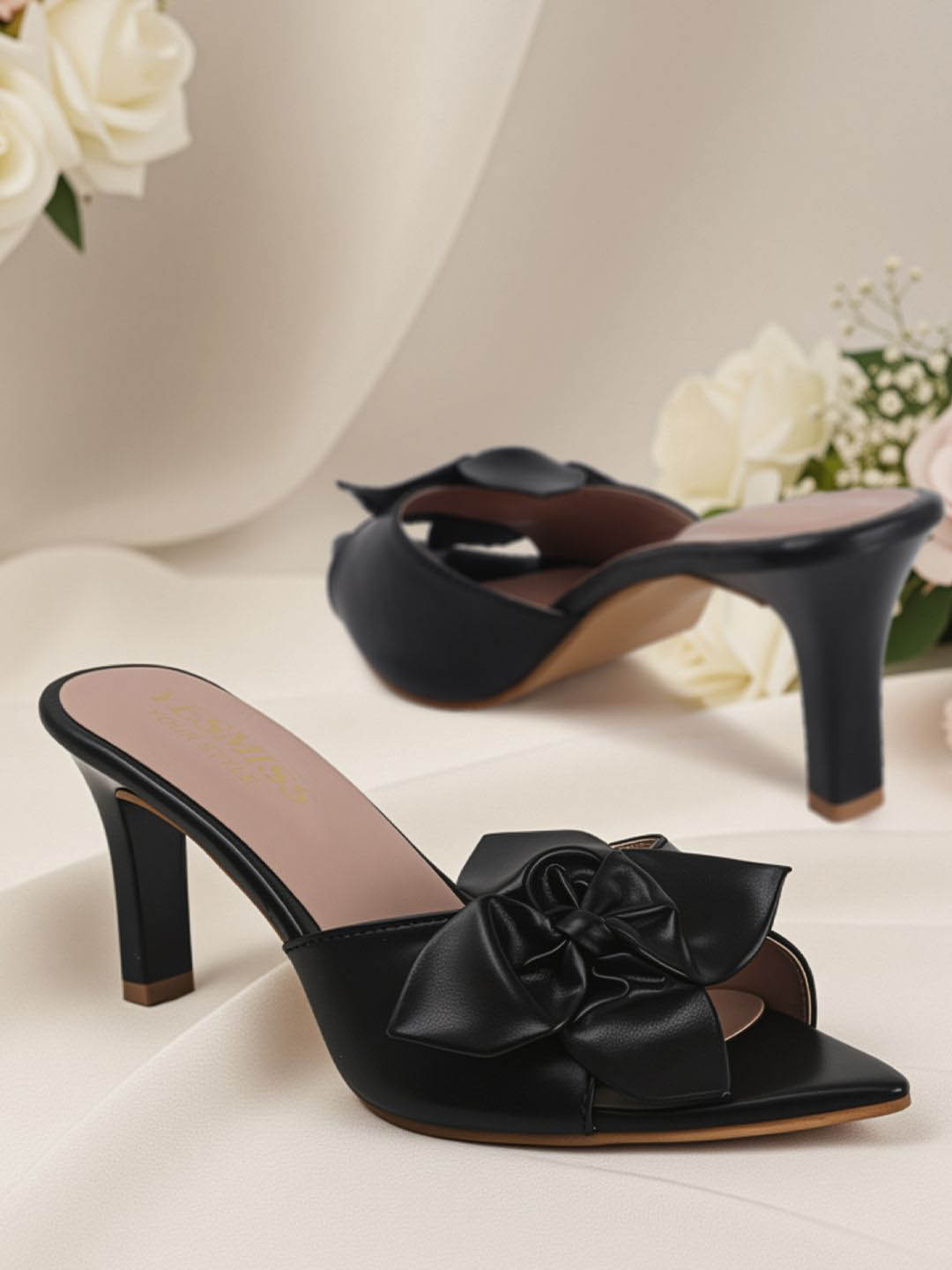Yesmiss Stiletto Elegant Women Solid Rose Detail Pointed Toe Stiletto Sandals